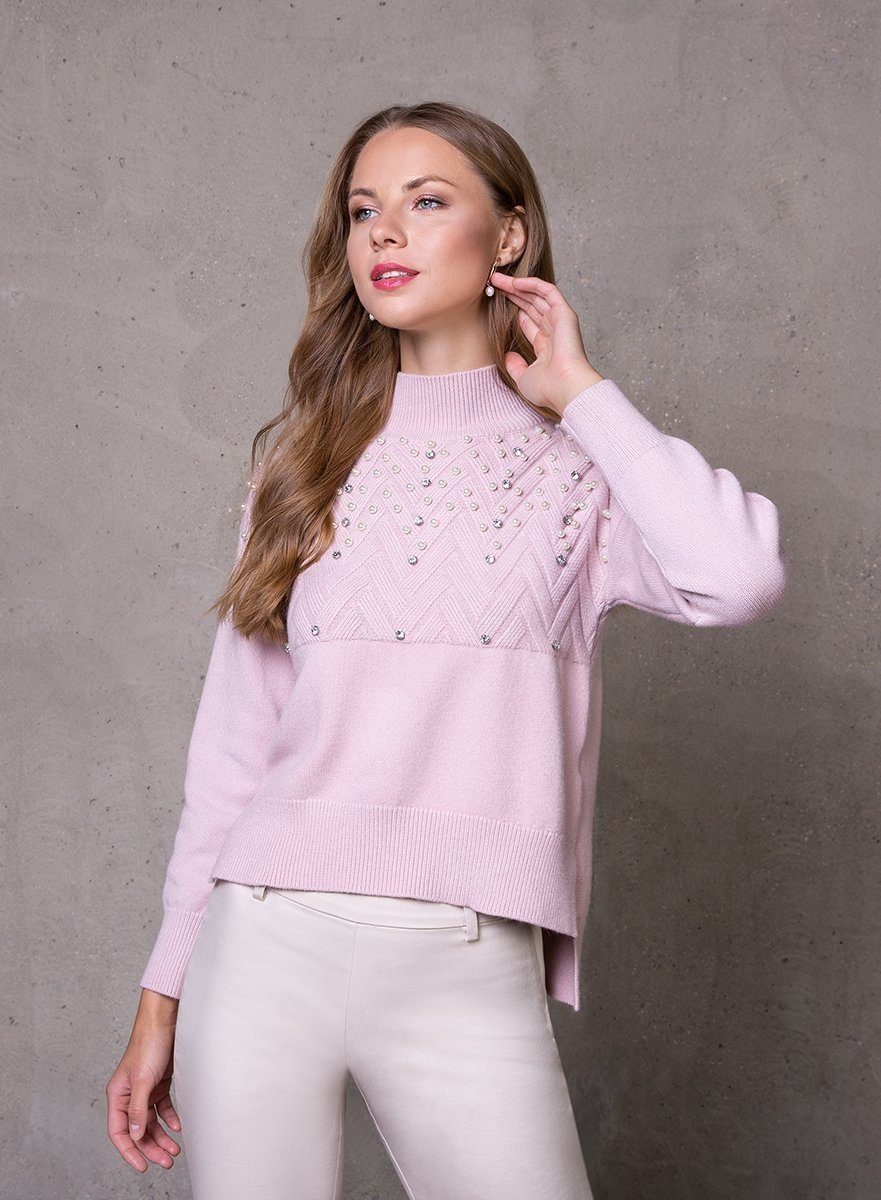 Strickpullover im Vokuhila-Stil mit Schmuck-Applikationen