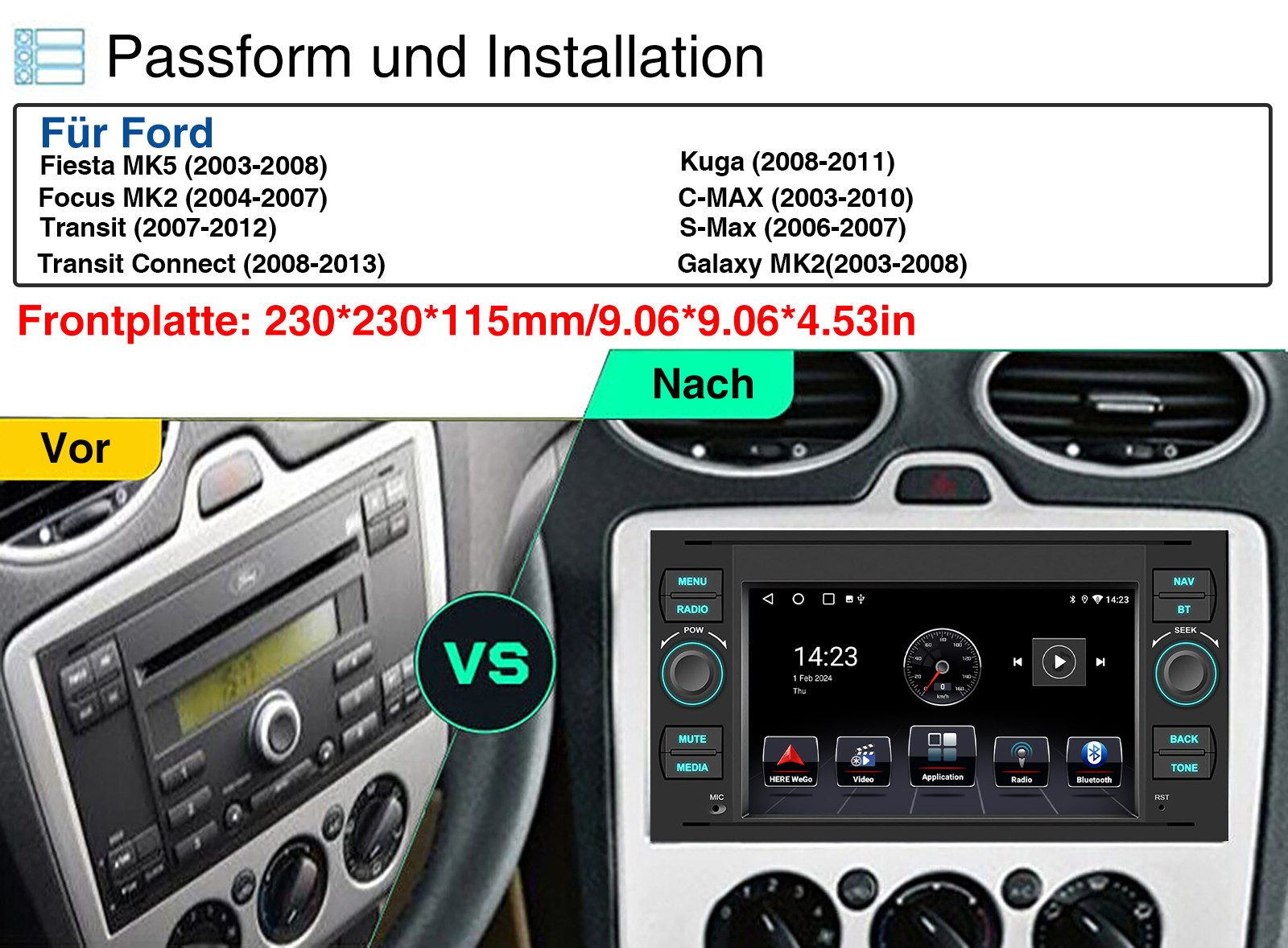 ESSGOO 7" Android 15 Für Ford Focus Transit MK7 C S-Max Fiesta Galaxy Kuga Autoradio (RDS, 2+64GB(optional), 4G, FM, DAB+ (optional), GPS Navi Carplay Android A – Bild 4 von 5
