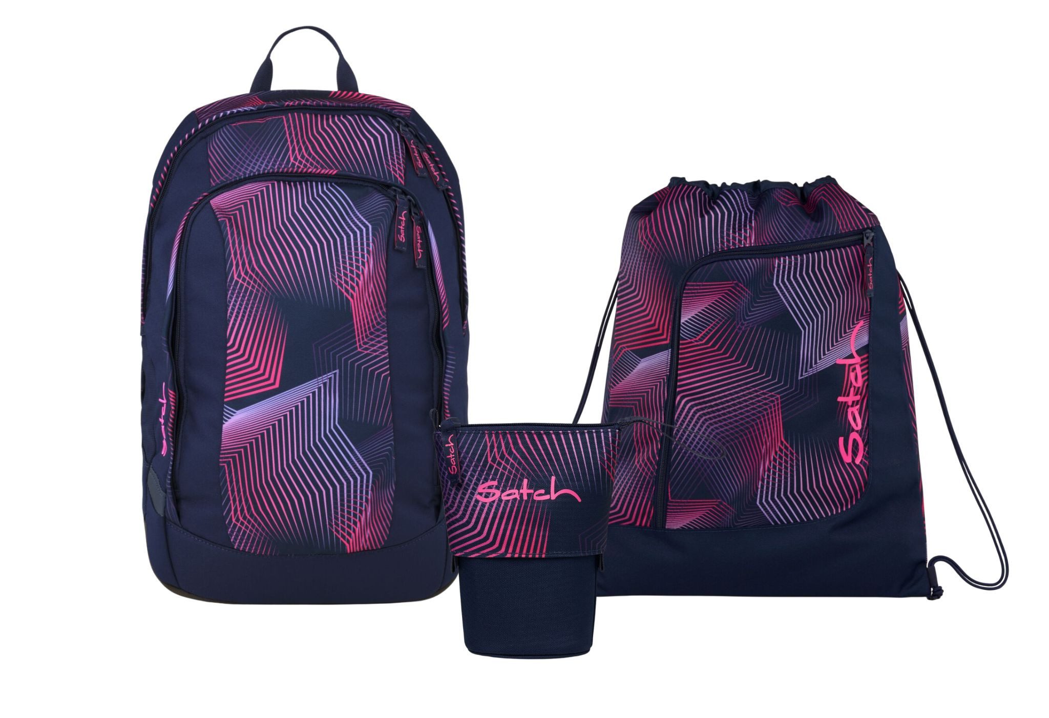 Satch Schulranzen Schulrucksack-Set AIR Seismic Pink 3-teilig (3-teilig), Schulranzen, ergonomisch, Laptop-Fach, Your-Size-System