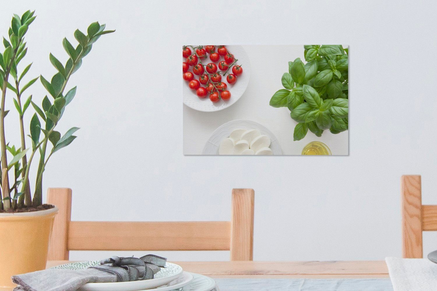 OneMillionCanvasses® Leinwandbild Basilikumpflanze (1 cm mit und 30x20 Leinwandbilder, Wanddeko, Wandbild Mozzarella, St), Aufhängefertig, Tomaten