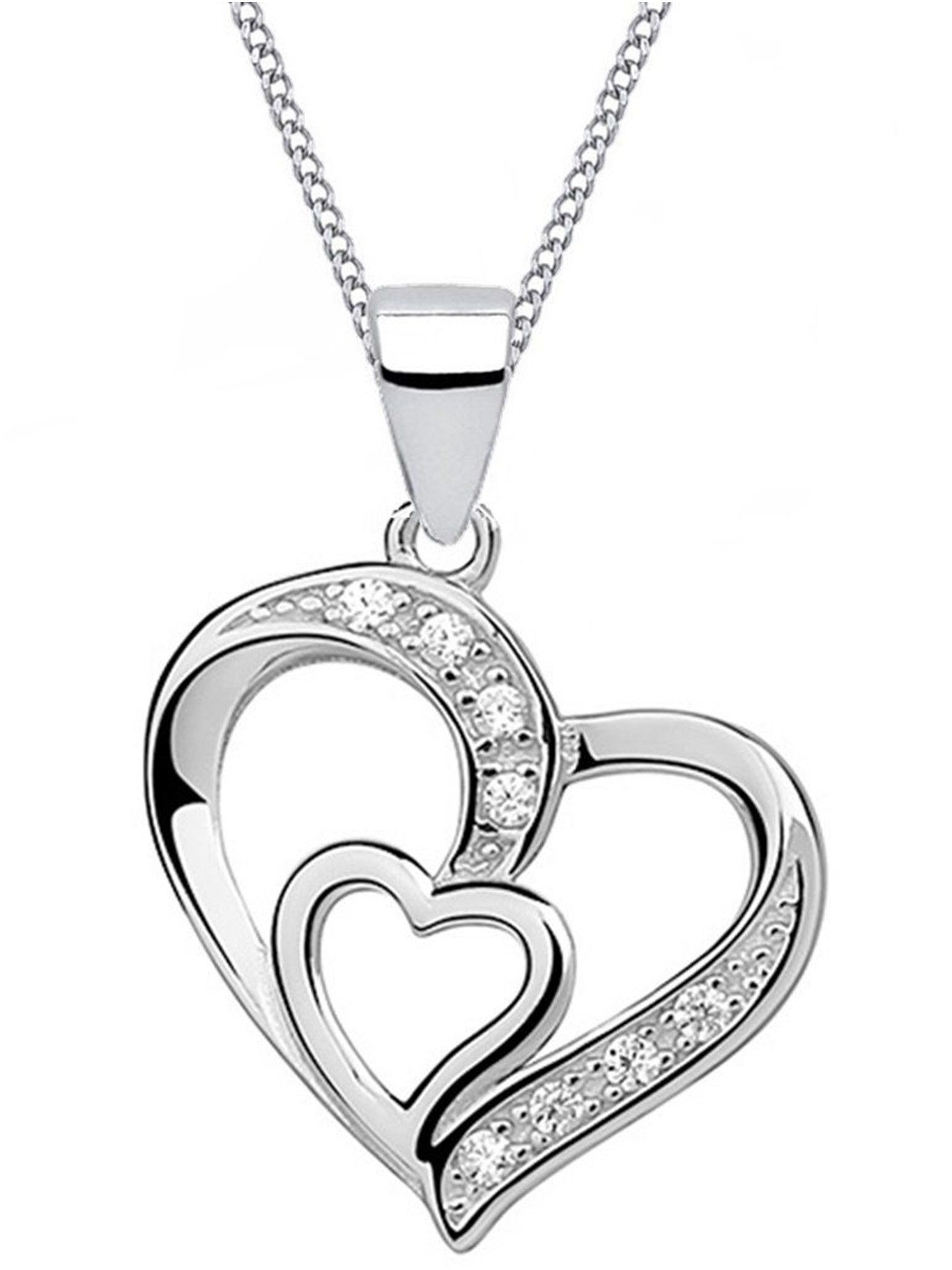 Herzkette Doppelherz Anhänger mit Kette 925 Silber Rhodiniert Damen Halskette
