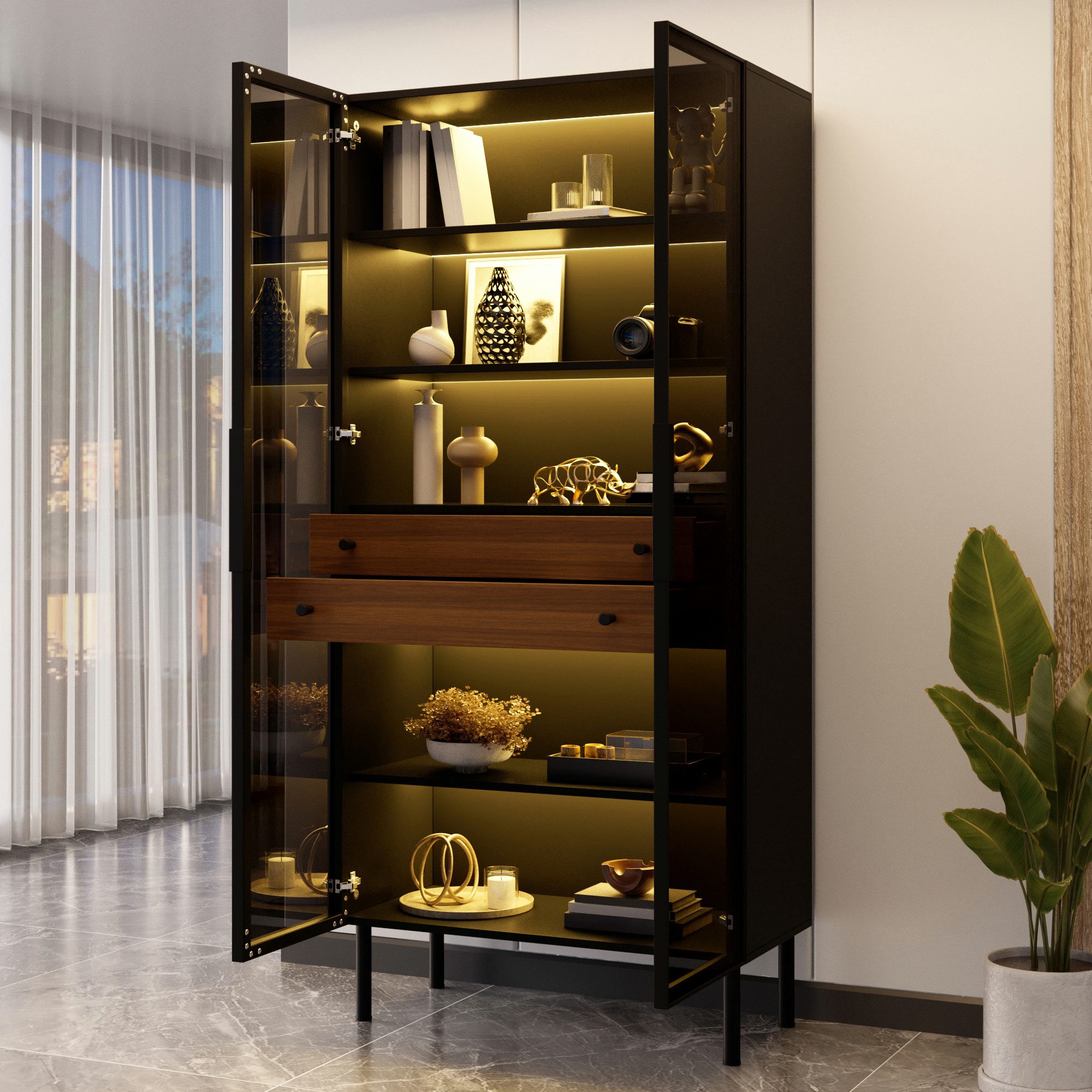 Merax Vitrine mit LED-Beleuchtung, Aufbewahrungsschrank Hochschrank (70 L x 36 B x 170 H cm, 1-St) Standvitrine mit 2 Schubladen, Innenregalen und Glasfront