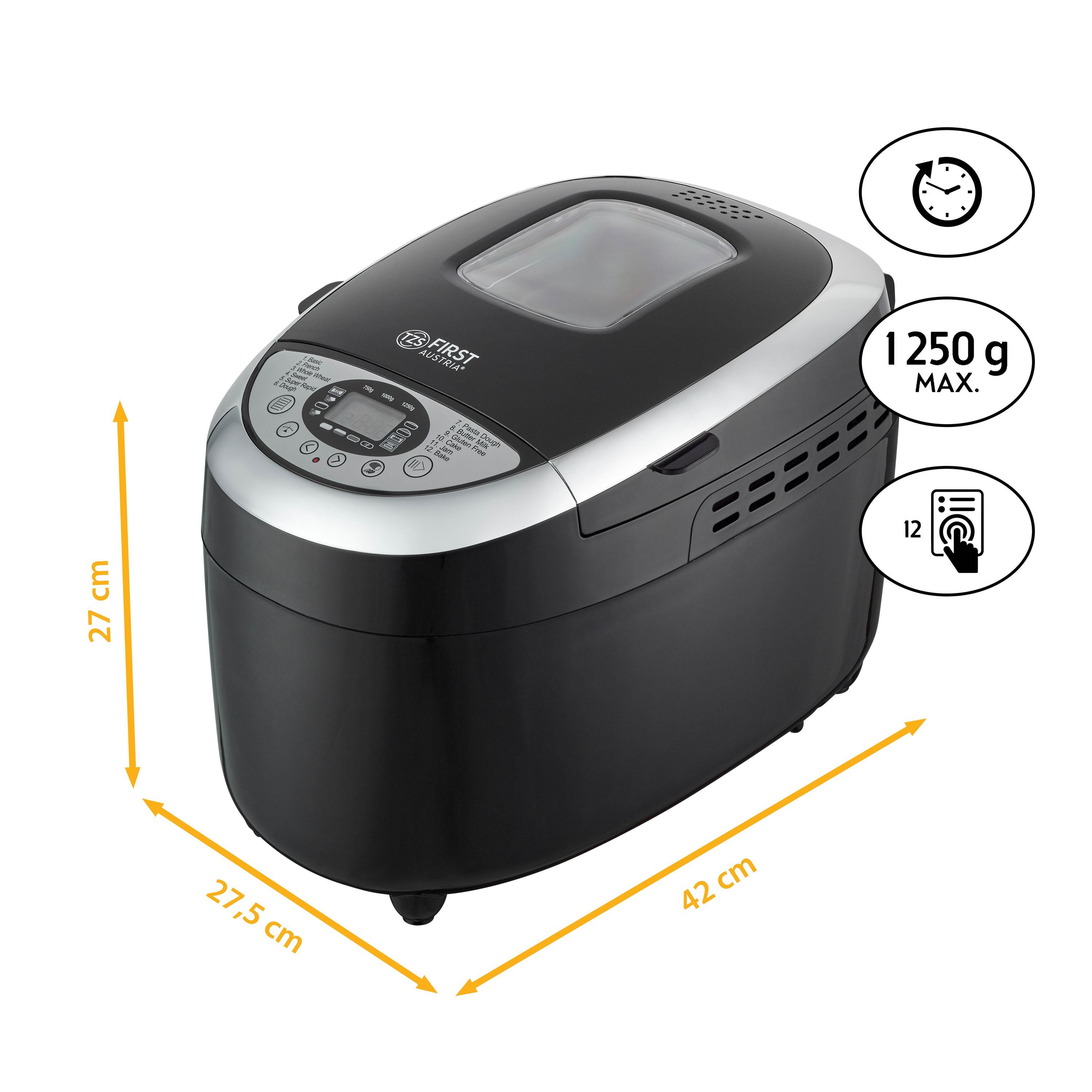 TZS FIRST AUSTRIA Brotbackautomat 850W, 900-1250 g, 12 Funktionsmenüs, Antihaftbeschichtet, Timer, 850 W, Warmhaltefunktion, herausnehmbare Brotform, inkl. 2 Knethaken