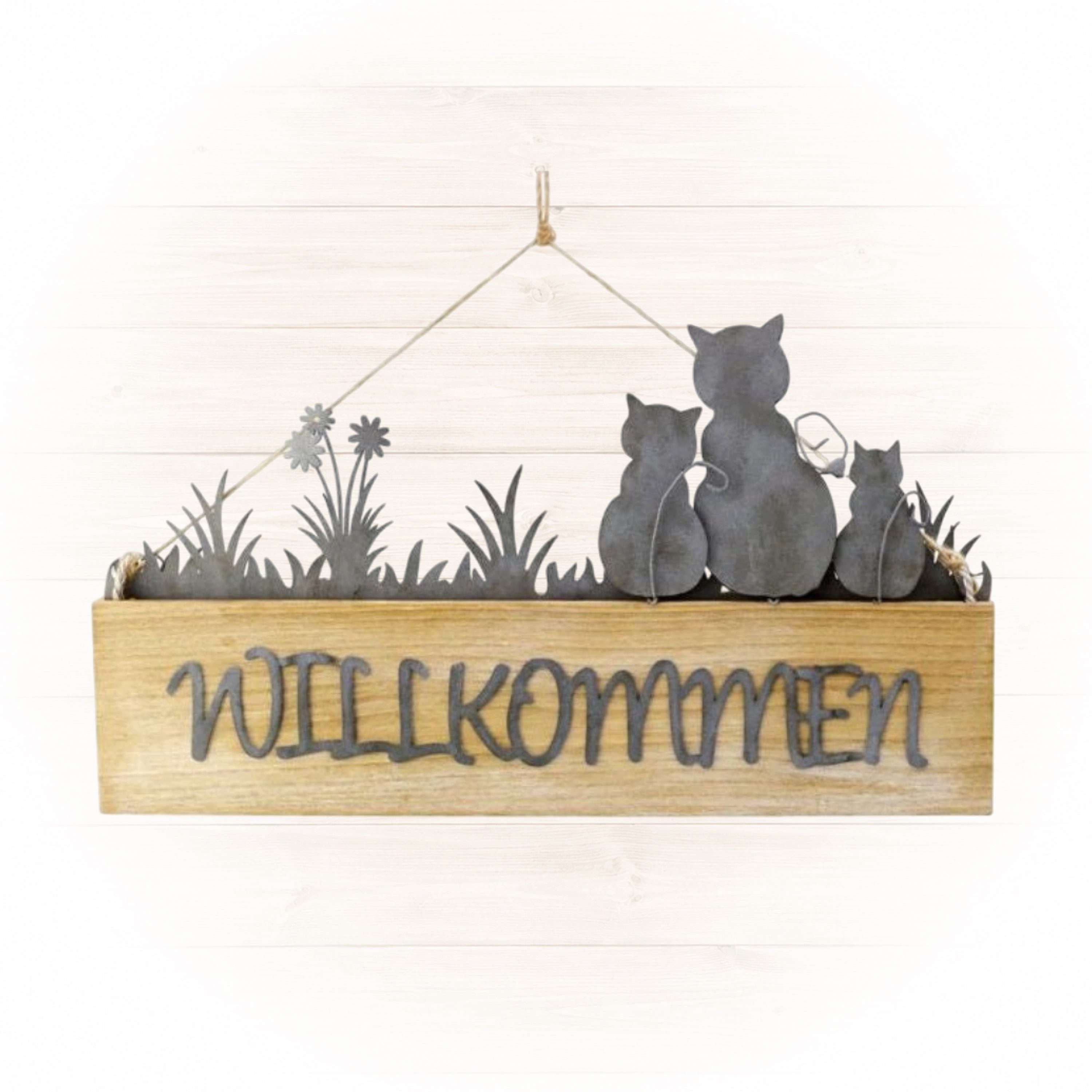 Logbuch-Verlag Wanddekoobjekt Holz-Metall-Schild Willkommen mit Katze ca. 28 x 16 cm – Türschild und