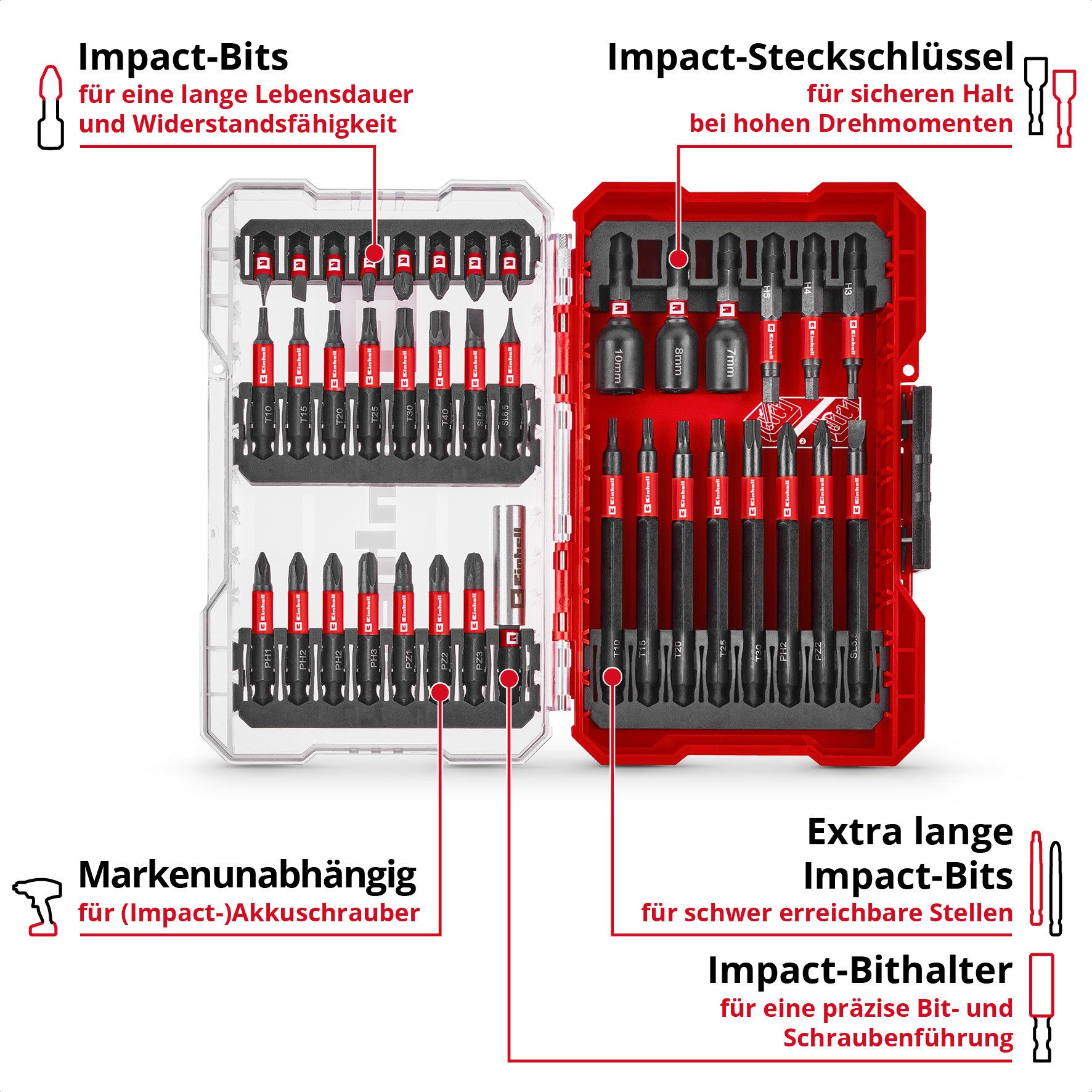 Einhell Bit-Set M-CASE Impact SB, 38-tlg. (25-/50-/90-mm-Bits, Stecknüsse, Bithalter)