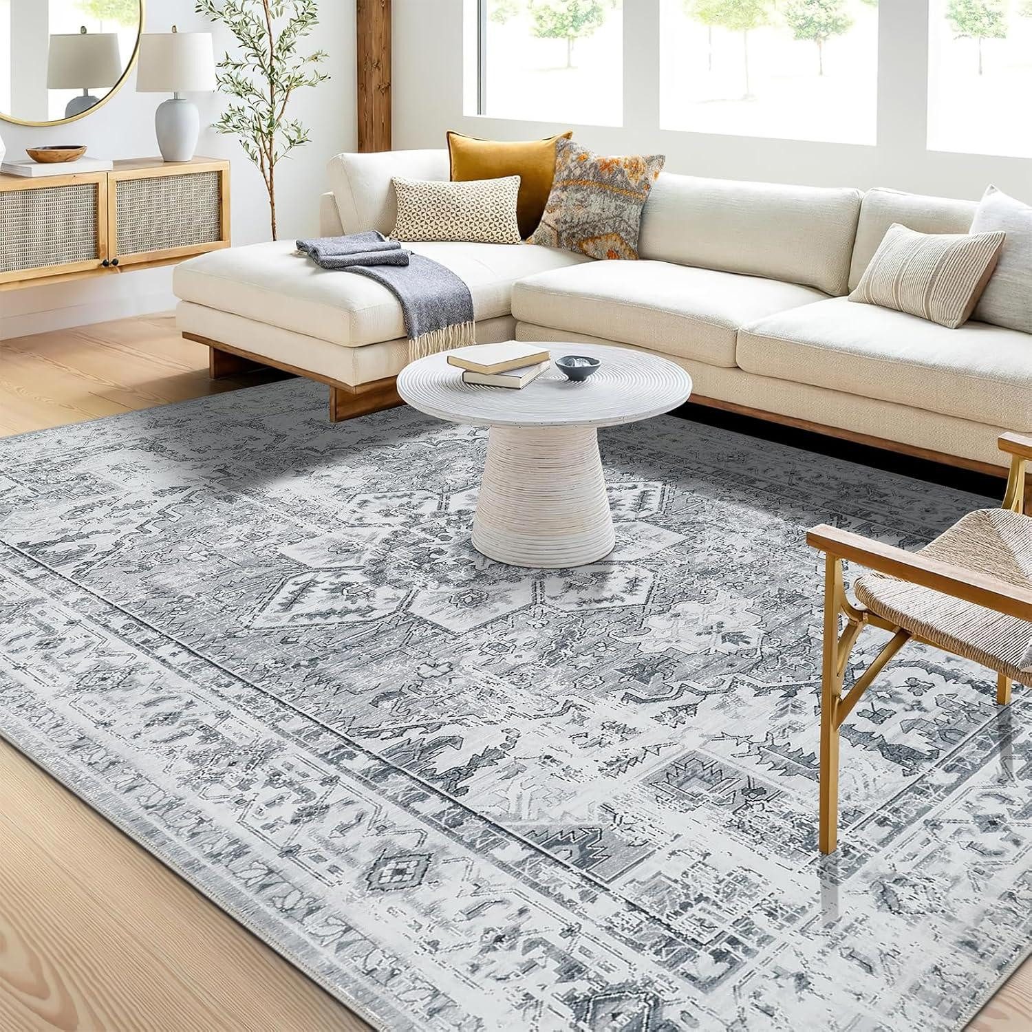 Designteppich Boho Teppich Vintage Design Grau Kurzflor 200x300cm, waschbar & weich