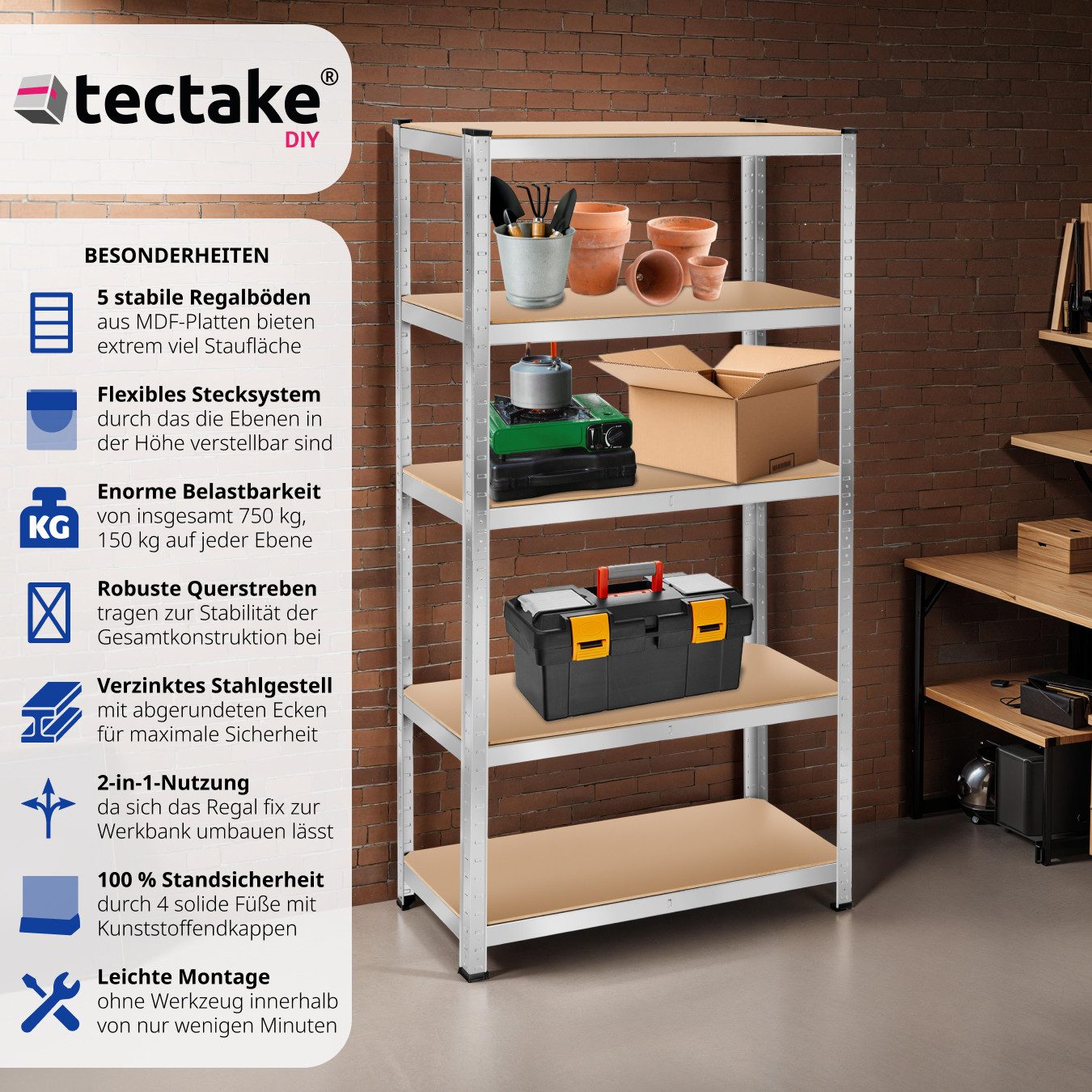 tectake Schwerlastregal, Komplett-Set, höhenverstellbare Einlegeböden günstig online kaufen