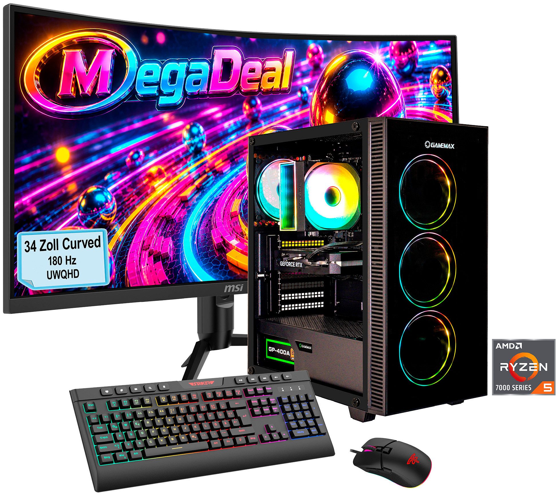GAMEMAX MegaDeal Draco XD 2835 AMD Ryzen 5 7500F 16GB DDR5 1TB SSD RTX 5060Ti Gaming-PC-Komplettsystem (34", AMD Ryzen 5 7500F, RTX 5060 Ti, 16 GB RAM, 1000 GB SSD, Windows 11, DDR5 RAM + MSI MAG 342CQR E2 Curved Monitor 86cm (34)