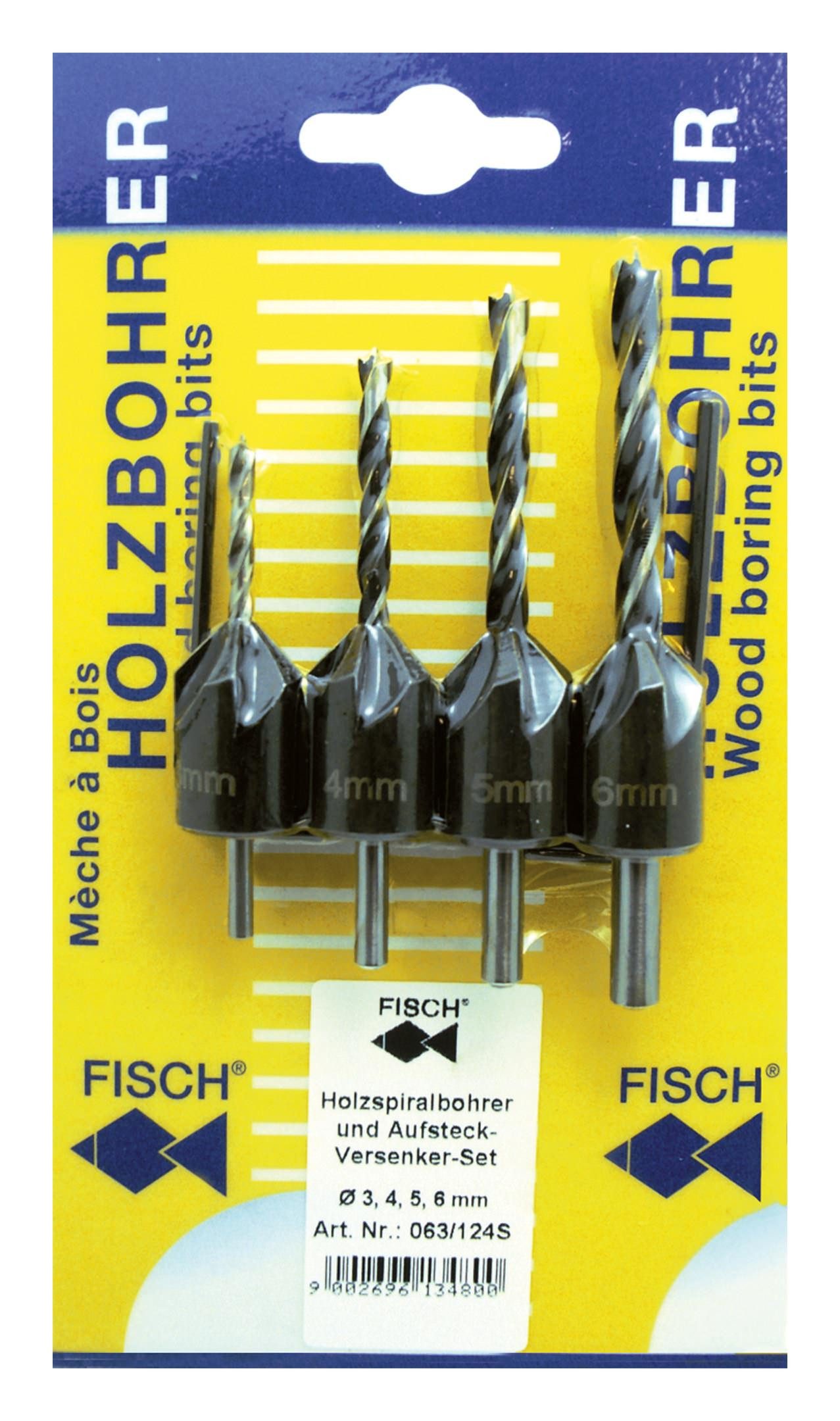 Fisch Senkbohrer, (4-tlg), Holzspiralbohrer- / Versenker-Satz 3 - 4 - 5 - 6 mm auf Karte