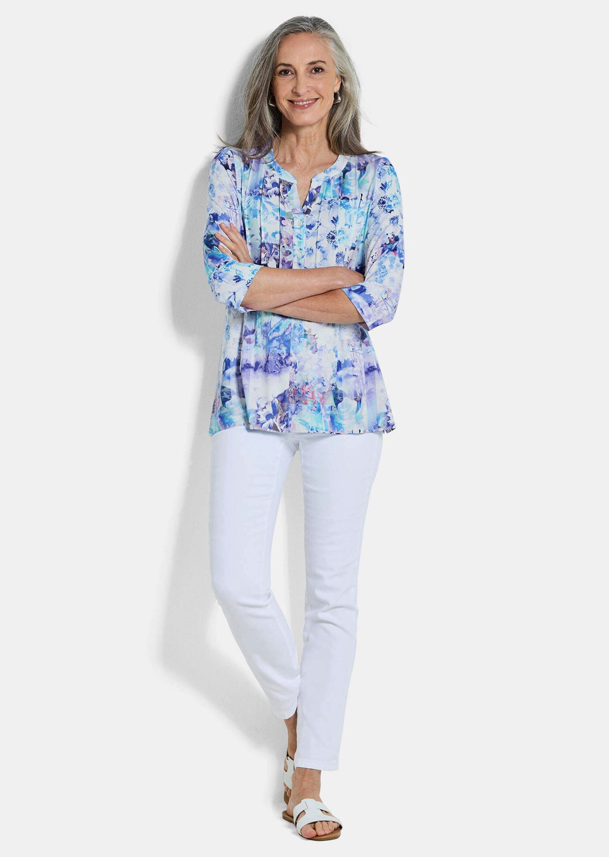 GOLDNER Tunika Sommertunika mit Biesen Druckbluse mit U-Boot-Ausschnitt mit V, Seitenschlitzen und 3/4-Arm