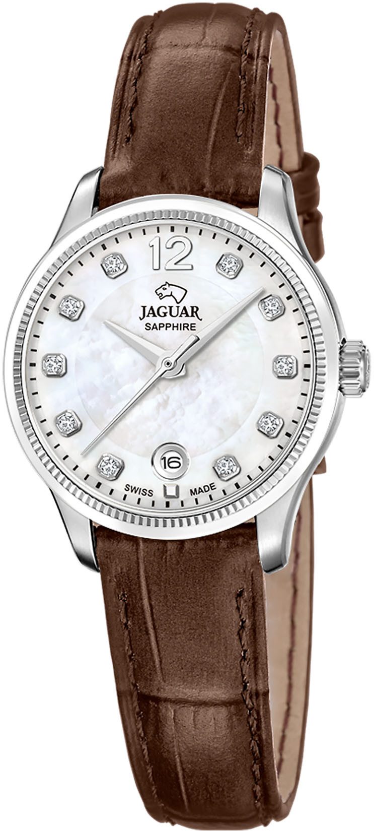 Jaguar Quarzuhr Essentia J1046/2, Armbanduhr, Damenuhr, Swiss Made, Lederarmband, Saphirglas,Datum