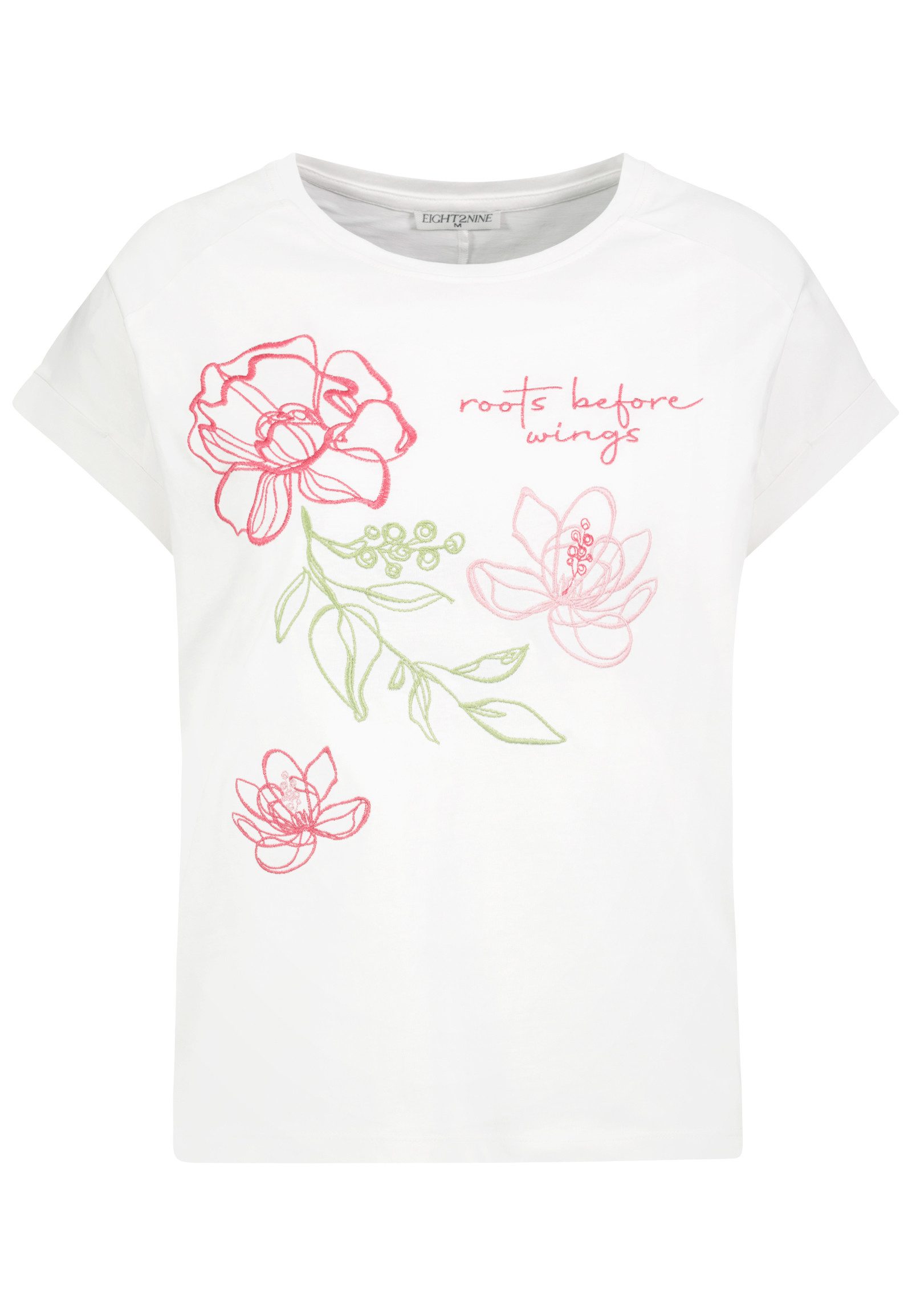 Eight2Nine T-Shirt Damen Baumwollshirt mit floralen Stickereien unterschiedliche Stickmotive, angeschnittene Ärmel