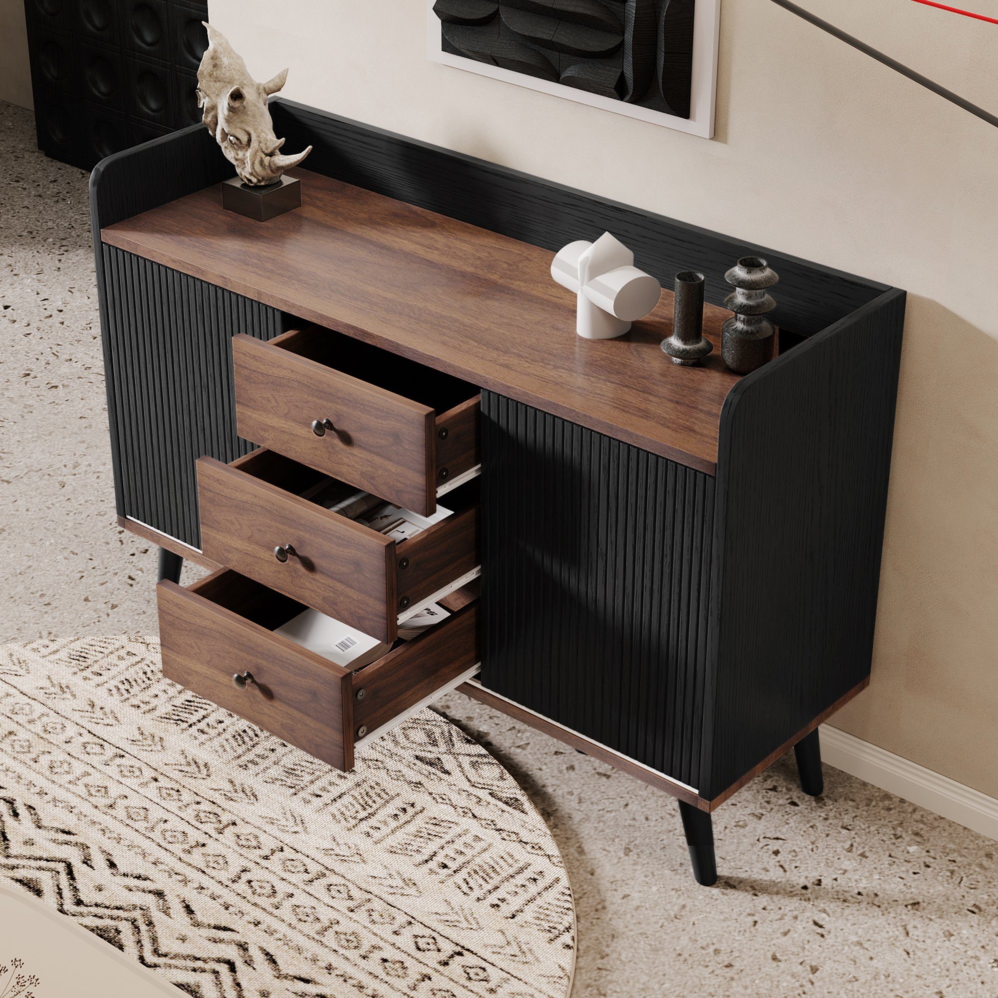 Odikalo Sideboard Aktenschrank mit Stauraum (Sideboard mit drei Schubladen, exquisite Maserung. Sideboard für Schlafzimmer und Wohnzimmer, Moderne Holzfarbe-Sideboard mit Stauraumregalen. H80/L117,5/T40 cm)