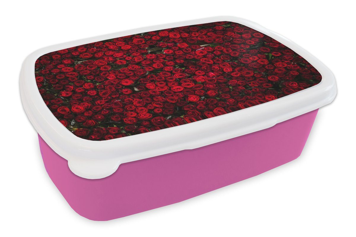 Blumen Snackbox, Brotdose Erwachsene, Mädchen, Rosen Kunststoff, - Rot, rosa (2-tlg), für Lunchbox Kunststoff Brotbox Kinder, - MuchoWow