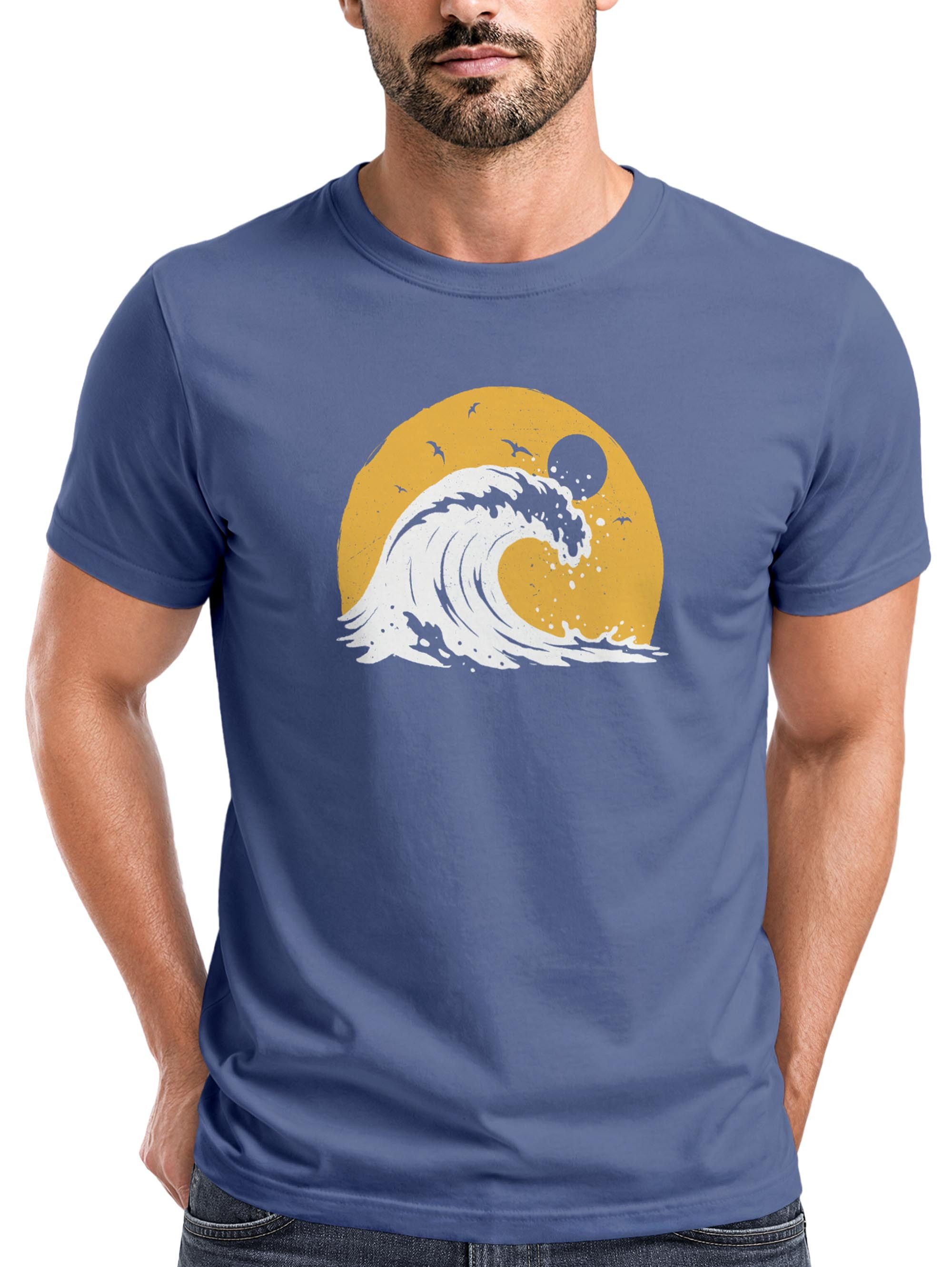 Print-Shirt Herren T-Shirt Frontprint Welle Printshirt Maritim Meer Surfing