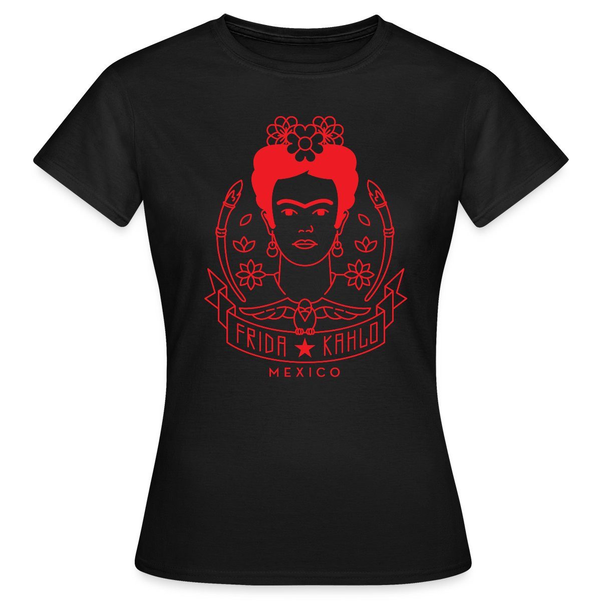 Spreadshirt T-Shirt Frida Kahlo Portrait Blumenkranz Rot Frauen T-Shirt (1-tlg)