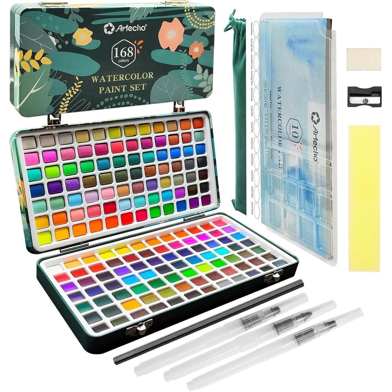 LuxusKollektion Malstift Aquarellfarben Box Pinsel Aquarellpapier Reisen Künstler 168 Farben