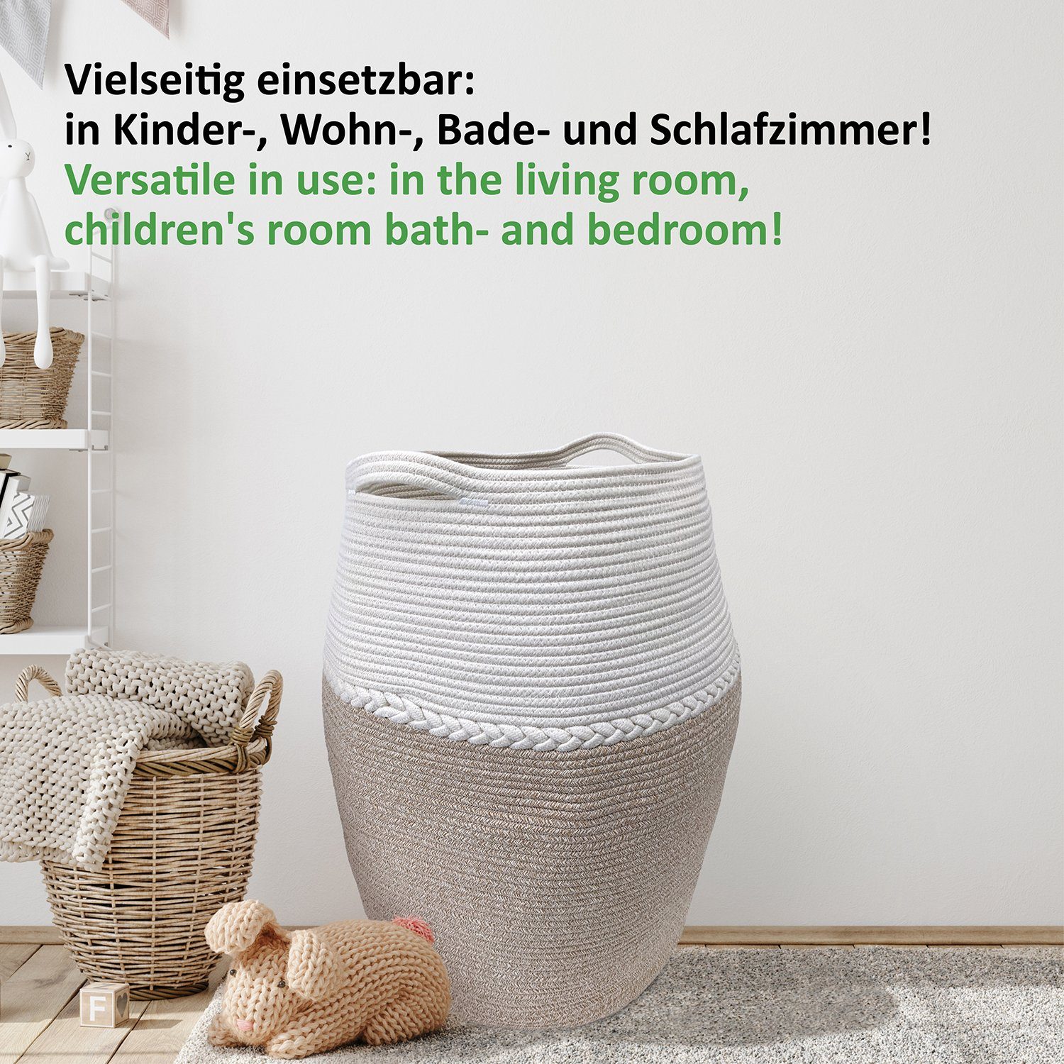 WIESEN.design Wäschekorb Jamila Ø46/39xH65cm 105L, 100% Baumwolle, Aufbewahrung geflochten, inkl. großem Waschsack und schwerem Wäschesack, gratis Versand – Bild 4 von 5
