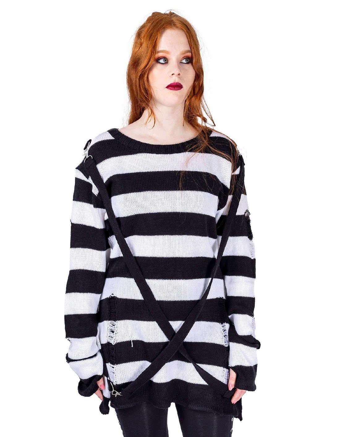 Heartless Strickpullover Oriana Strickpulli Weiß Goth Punk Gestreift Grunge Distressed