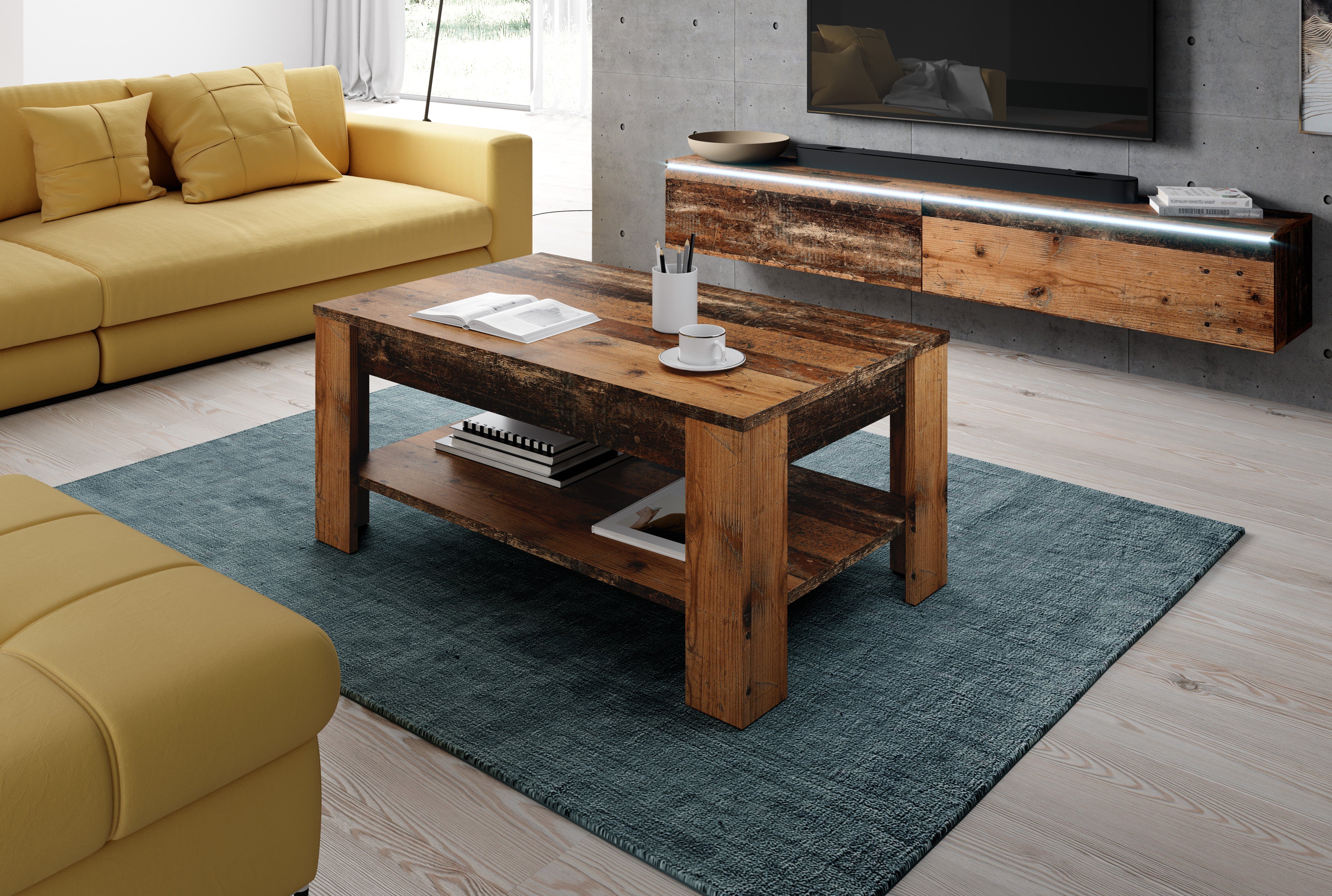 Furnix Couchtisch ALYX für Wohnzimmer Sofatisch mit zusätzlicher Ablage, B100 x T52 x H45 cm old wood