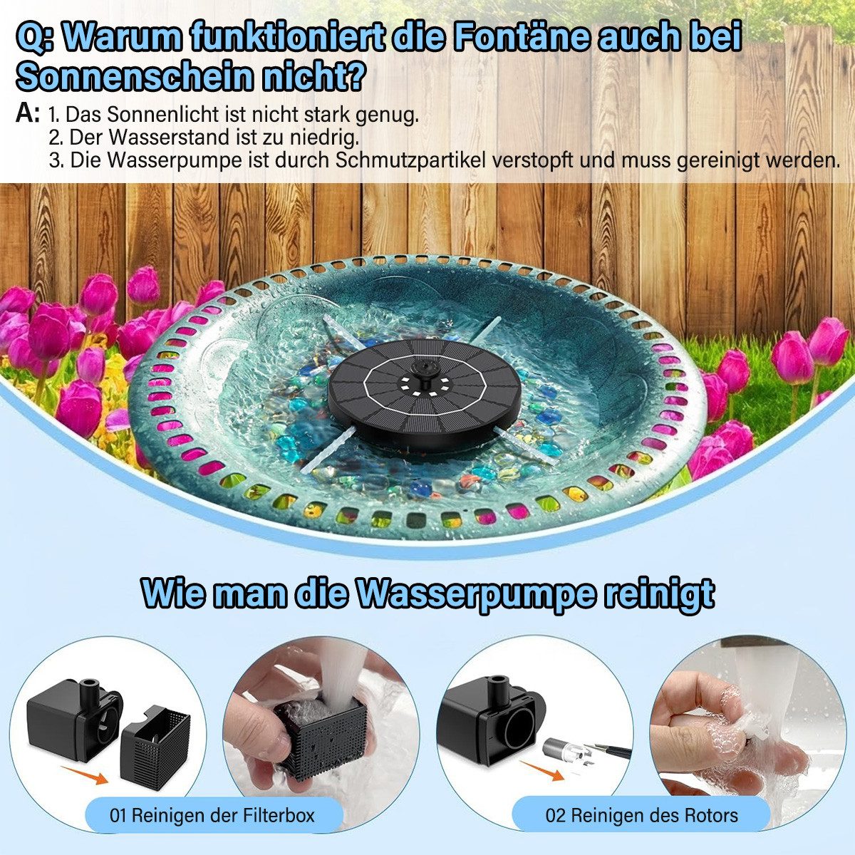 MOPUEA Gartenbrunnen Gartenbrunnen LED-Solarbrunnen, erhältlich mit und ohne Beleuchtung, (1 tlg), mit 4 Düse, Solar Schwimmender Fontäne Pumpe für Garten, Teich