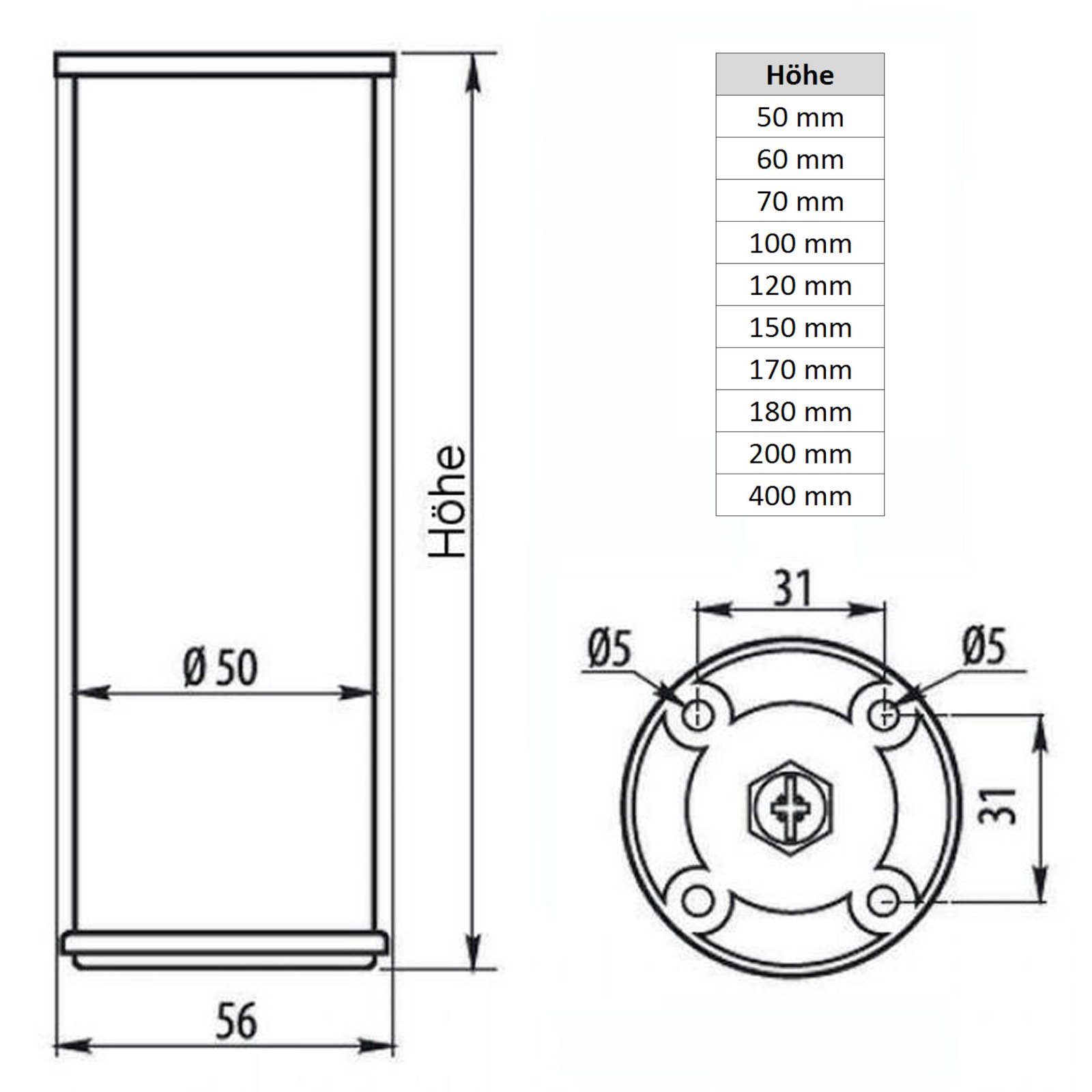 mm 170 Höhe: mm Set Ø 50 4er Möbelfuß Sockelfuß SO-TECH® höhenverstellbar