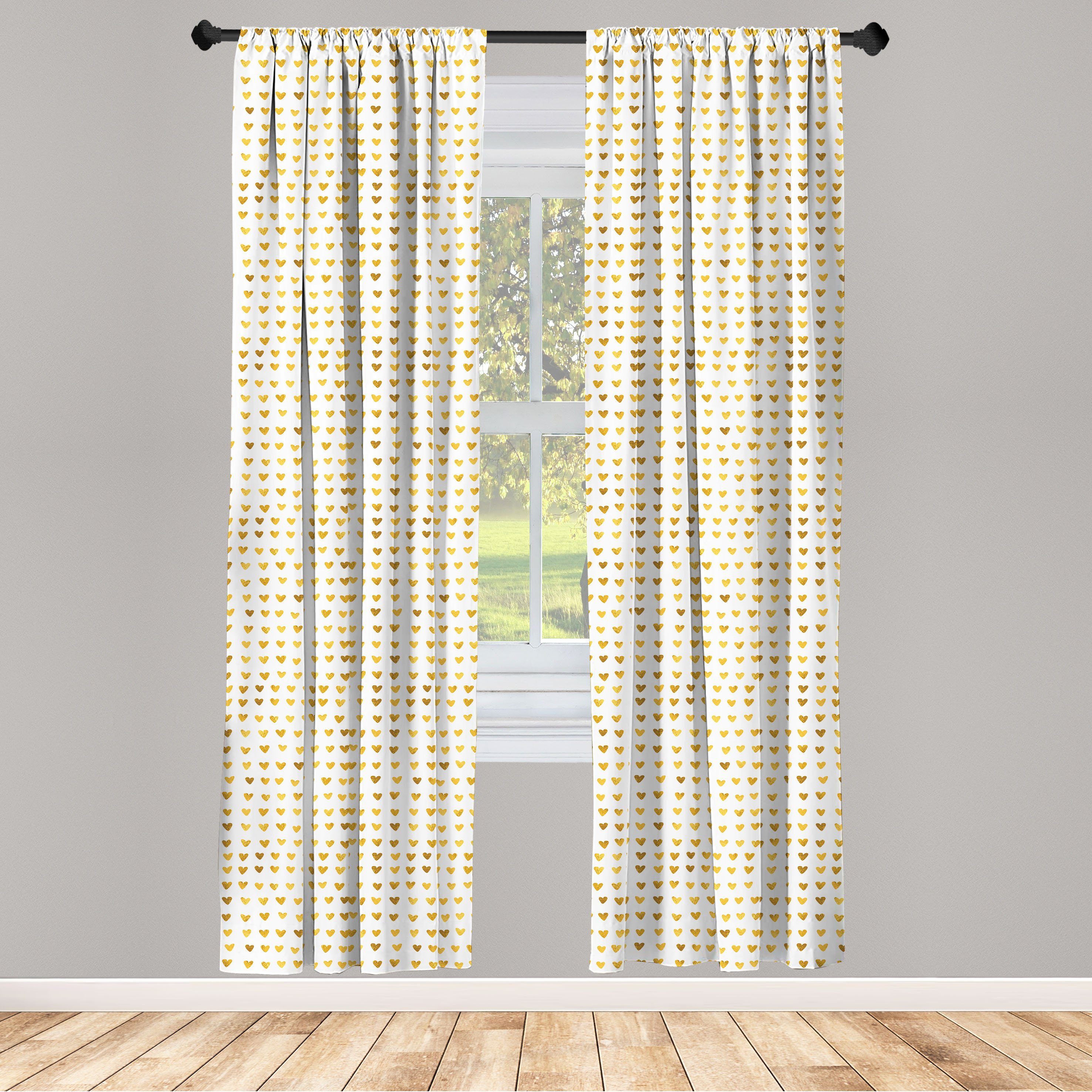 Gardine Vorhang für Wohnzimmer Schlafzimmer Dekor, Abakuhaus, Microfaser, Romantisch Golden Yellow Tone Herzen