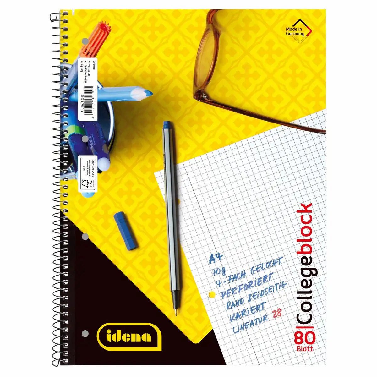 Idena Spiel Idena Collegeblock Lineatur 28 kariert mit Doppelrand 80 Blatt 70g/m²