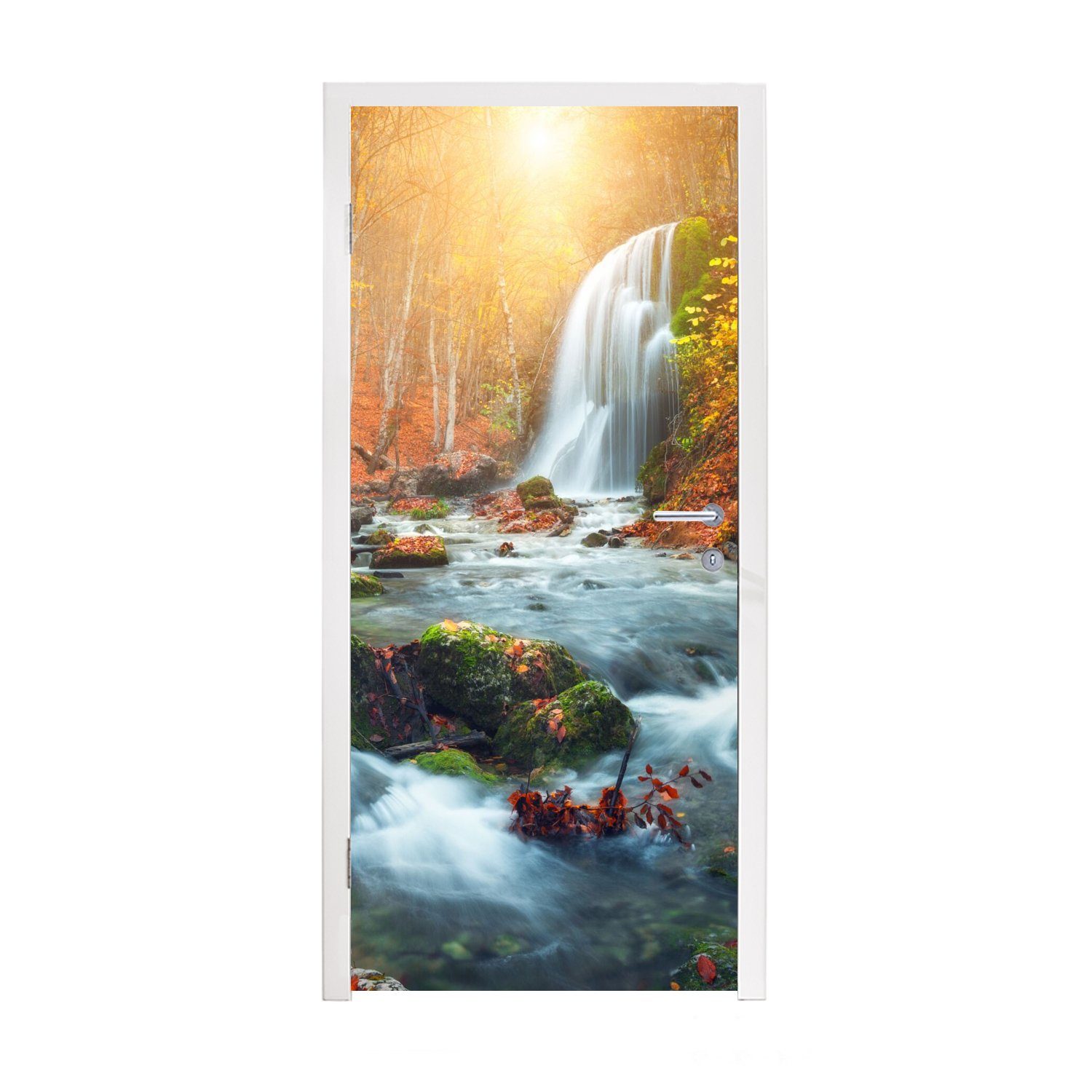 MuchoWow Türtapete cm für Fototapete bedruckt, (1 Tür, Herbst, Wasserfall Matt, Sonne St), Türaufkleber, - 75x205 