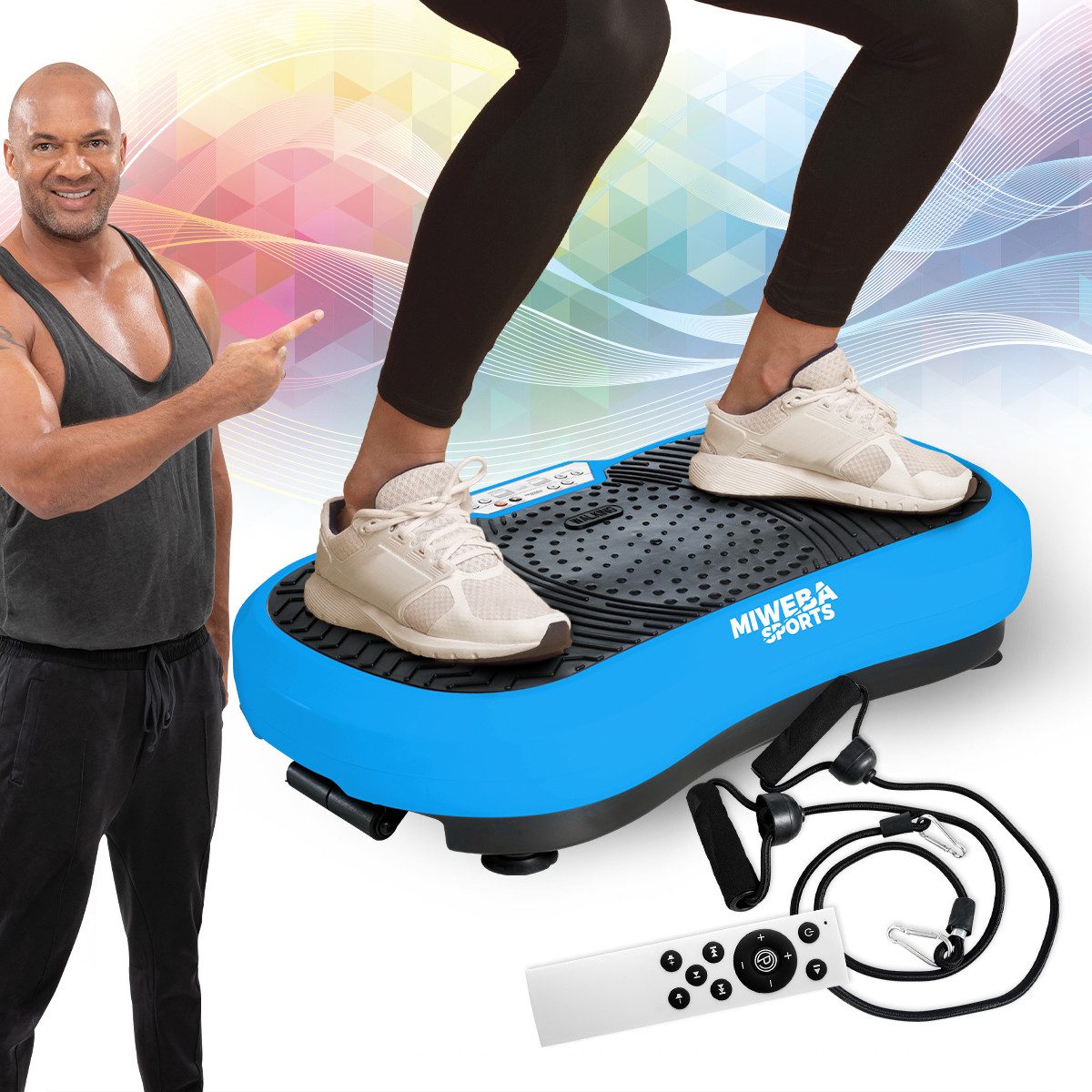 Miweba Sports Vibrationsplatte Vibrationsboard MV100 inkl. Fernbedienung - 2D-Vibration, 250 W, 99 Intensitätsstufen, (150 kg max. Benutzergewicht, Bluetooth, 10 Programme, extra breite Trittfläche, LED-Display, 12,5 kg Leichtgewicht, Poster & Widerstandsbänder, Ganzkörpertraining, Fettverbrennung, Trainingsgerät, Sportgeräte Fitnessgeräte für Zuhause, 3 tlg), 3 J. Garantie - Vibrationstrainer Sportgerät Fitnessgerät