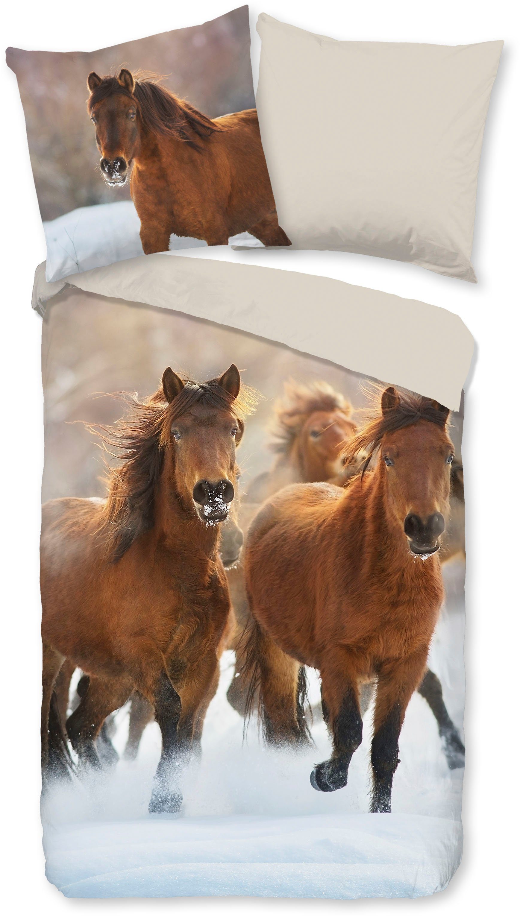 good morning Kinderbettwäsche Ponies, Biber, Flanell, 2 teilig, Biber, 135x200, Winter, Warm, Reißverschluss, Wendeoptik, Kind, Pferde