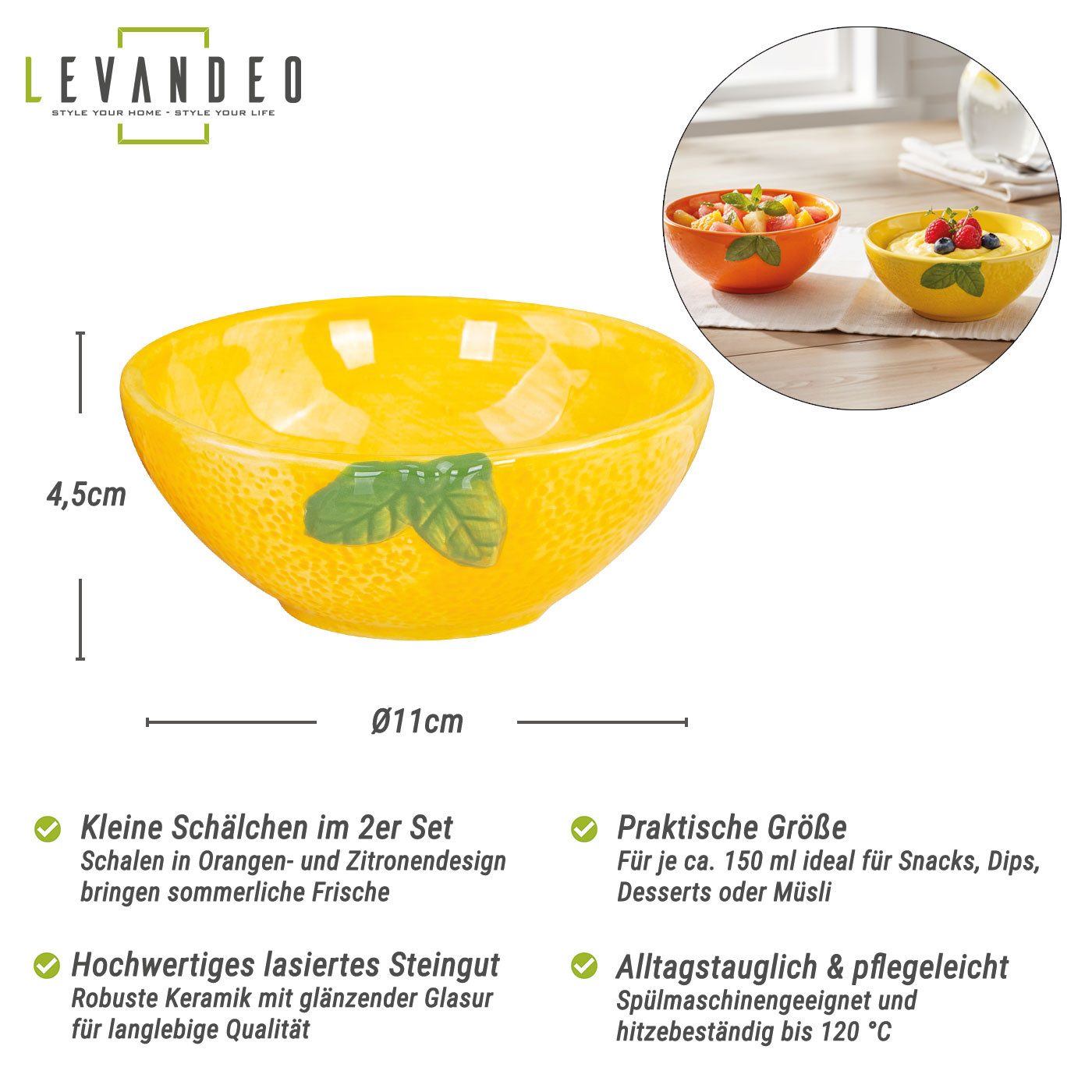 Levandeo® Dipschale 2er Set Dip Schalen Ø11cm 150ml Zitrone Orange Keramik Schüssel Snack, (Set)