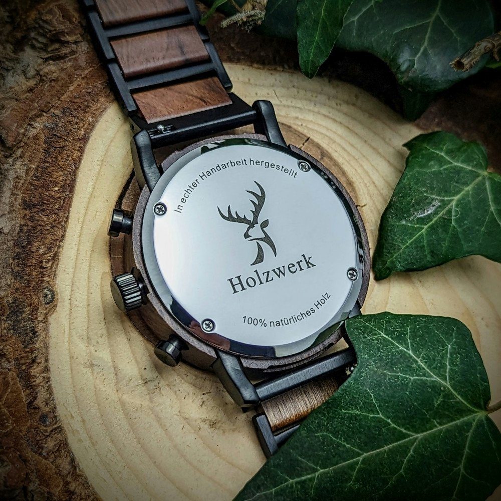 Holzwerk Chronograph BASSUM Armband Holz Mondphase, schwarz, & Edelstahl braun Herren Uhr