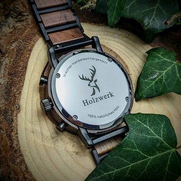 Holzwerk Chronograph BASSUM Herren Edelstahl & Holz Armband Uhr, Mondphase, schwarz, braun