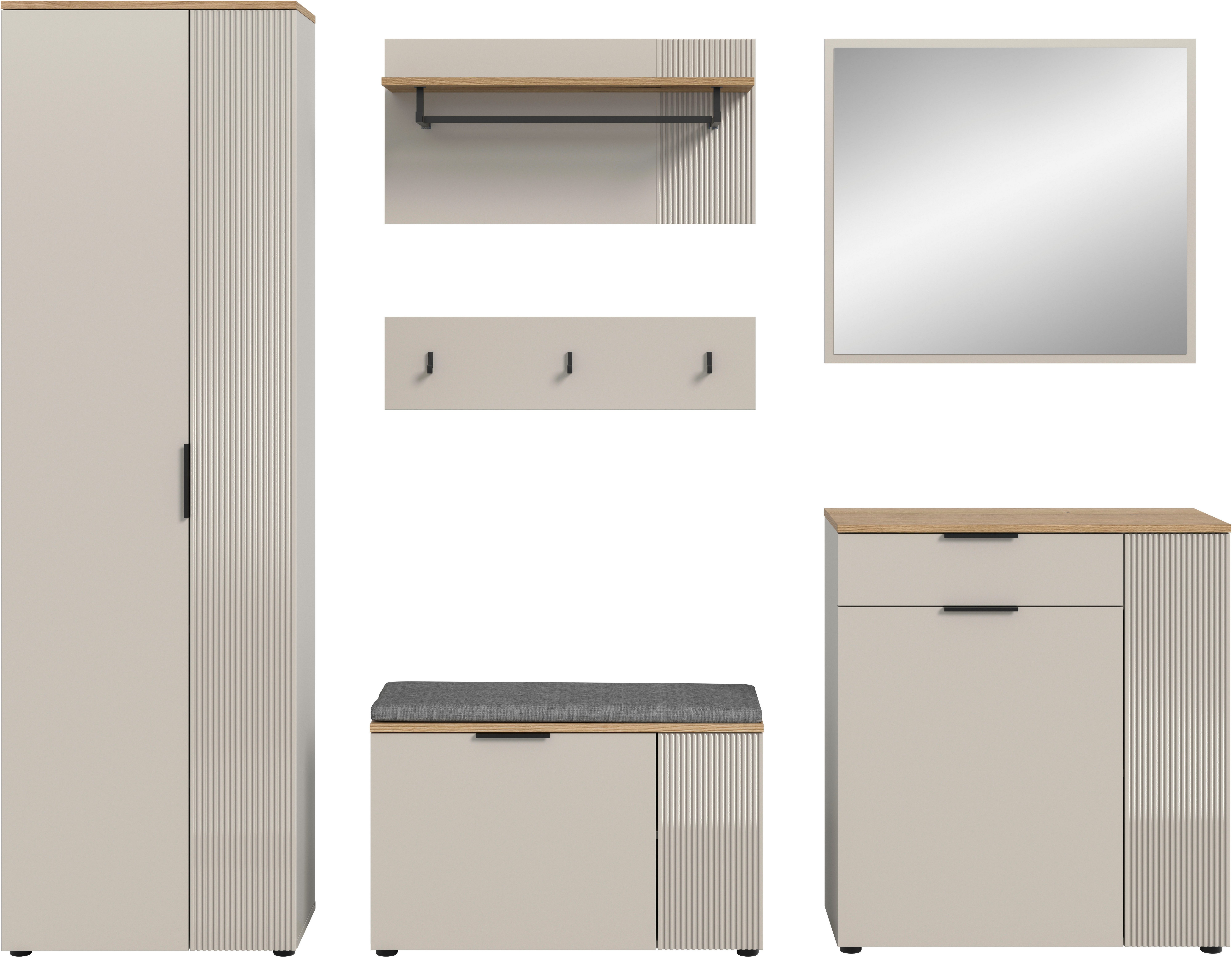 Home affaire Garderoben-Set EDIL, Breite 250 cm, 6-teilig, Front mit hochwertiger Längstfräsung, (Set, 6-St., Hochschrank, Sitzbank, Kissen, Paneel, Hakenleiste, Kommode & Spiegel), Garderobenkombination, Kombination, Set, Garderobe, Flurgarderobe