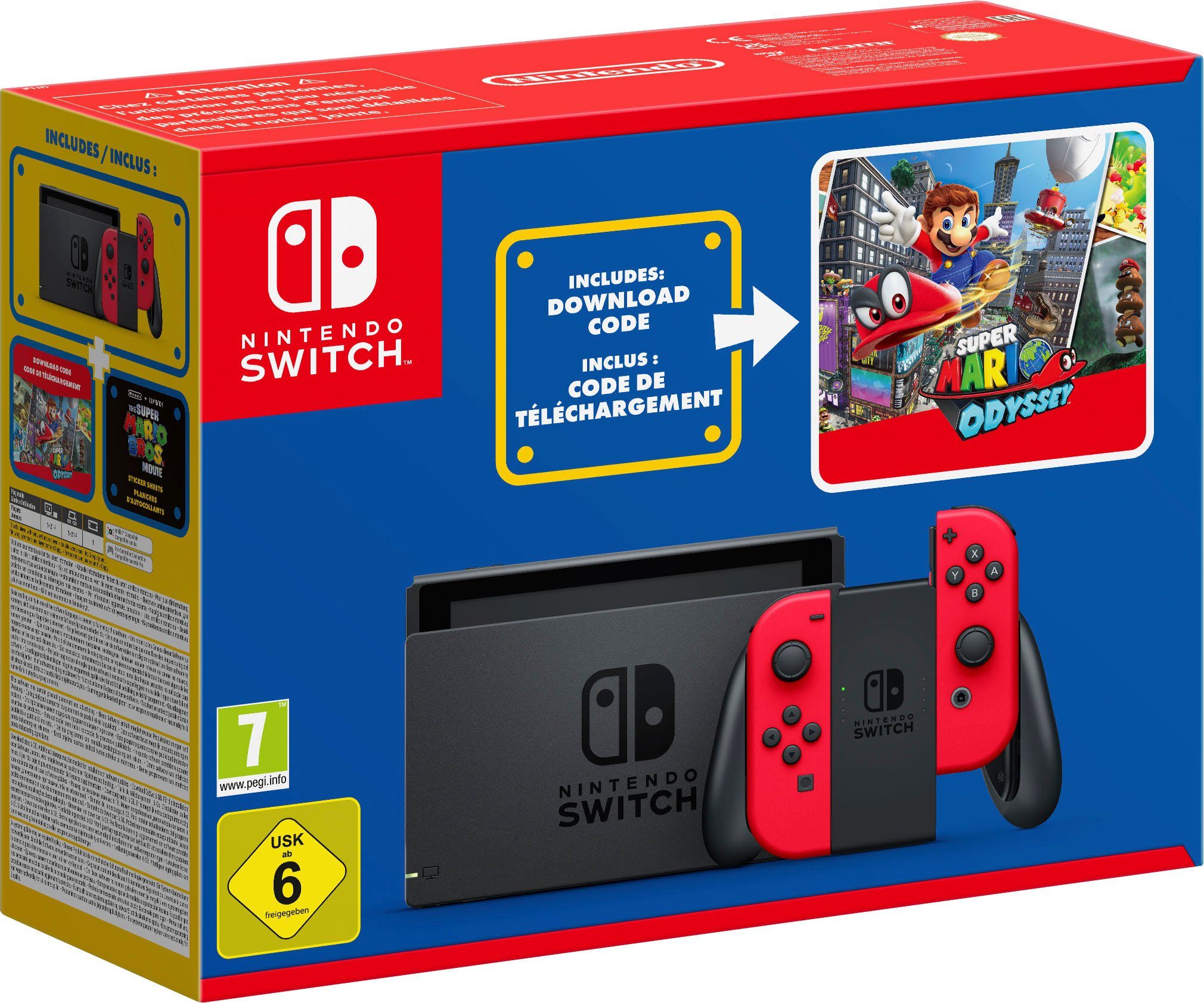Nintendo Switch Mario Bundle rot, inkl. Super Mario Odyssey-Vollversion  Downloadcode & Sticker, Lokaler drahtloser Mehrspielermodus und vieles Mehr
