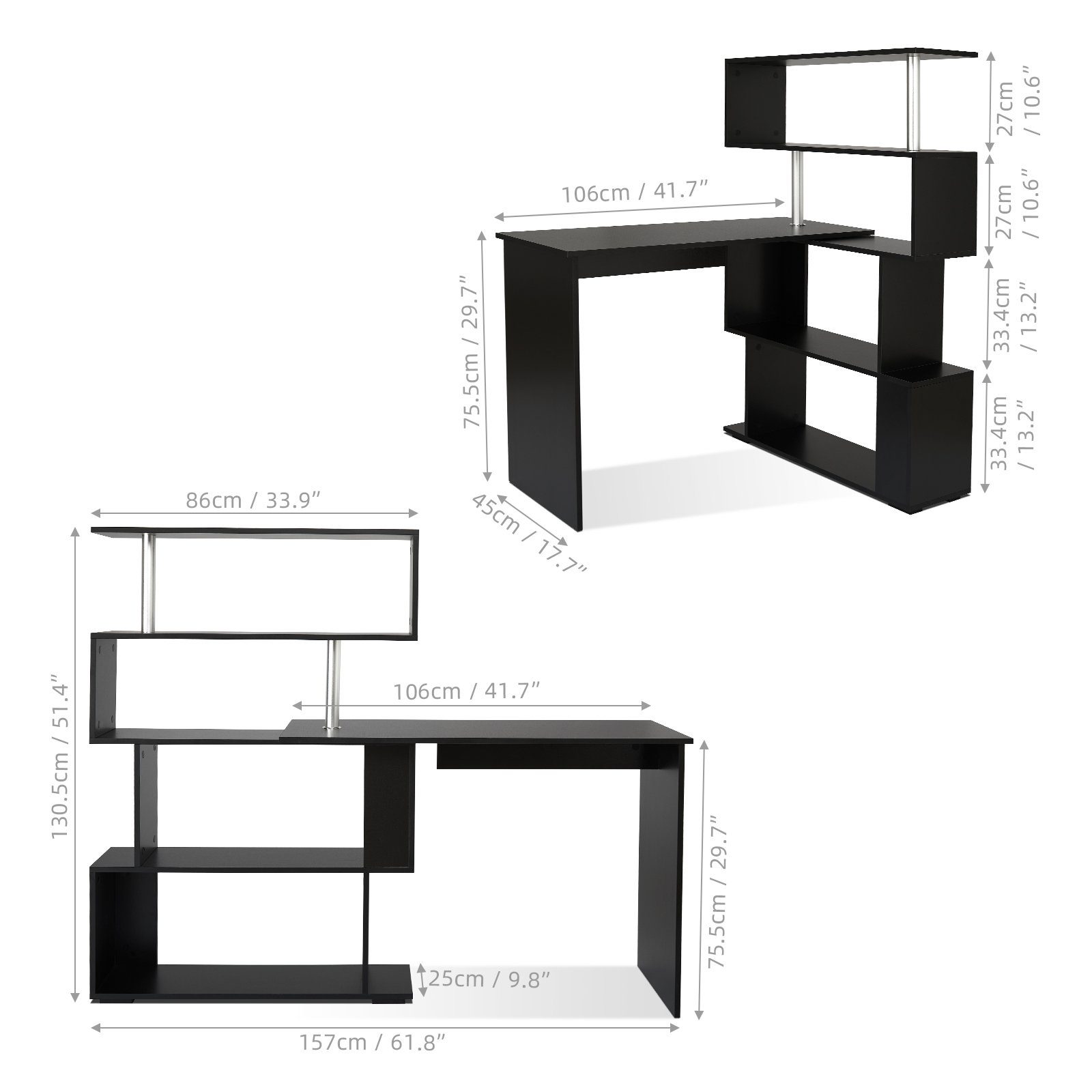 Schreibtisch, Computertisch, Mondeer Regal Eckschreibtisch Schwarz mit drehbarer