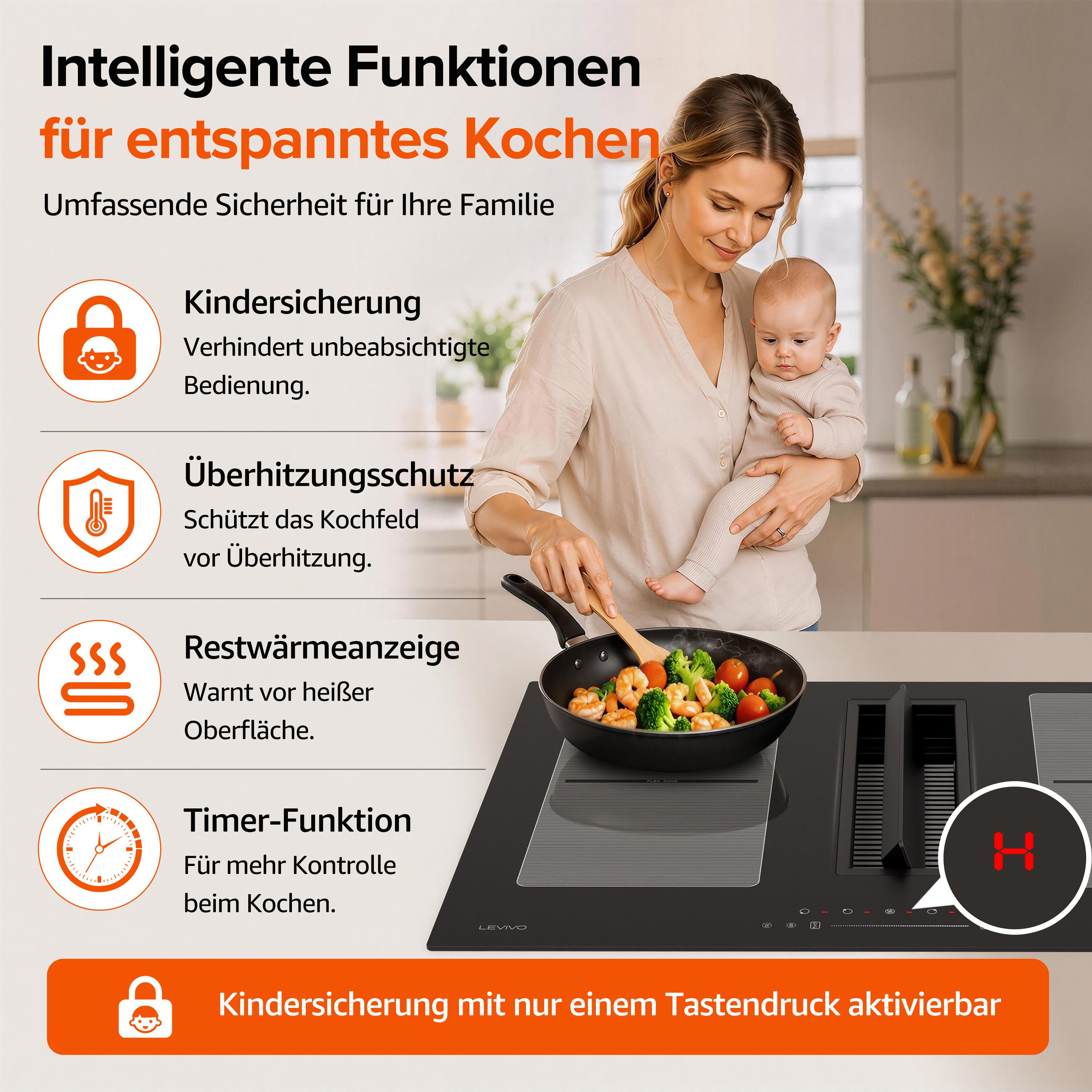 Levivo Induktions-Kochfeld Induktionskochfeld 77 cm mit 564 m³/h Dunstabzug, 8 Stufen & Booster, Touch-Control, Timer und Bridge Funktion – Bild 5 von 5