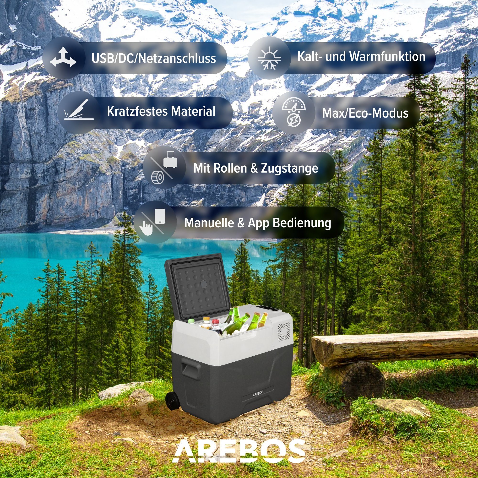 Arebos Kühlbox Elektrische Kompressor-Gefrierbox 27-47L mit Rollen & APP-Steuerung, Ablassschraube zum Wasserentfernen