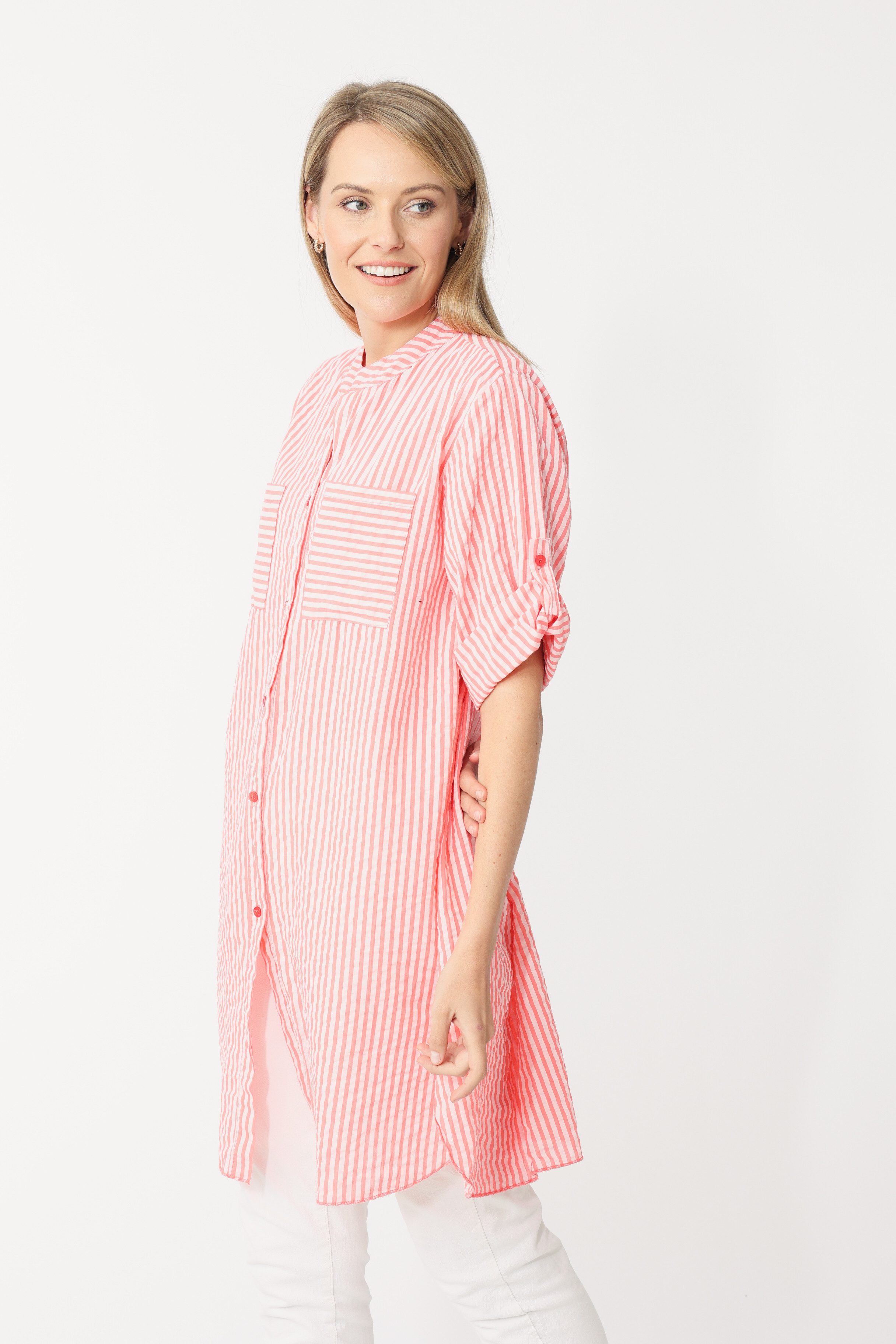Zwillingsherz Longbluse "Kida" One Size, Streifen, Knopfleiste, Brusttaschen, 3/4-Arm