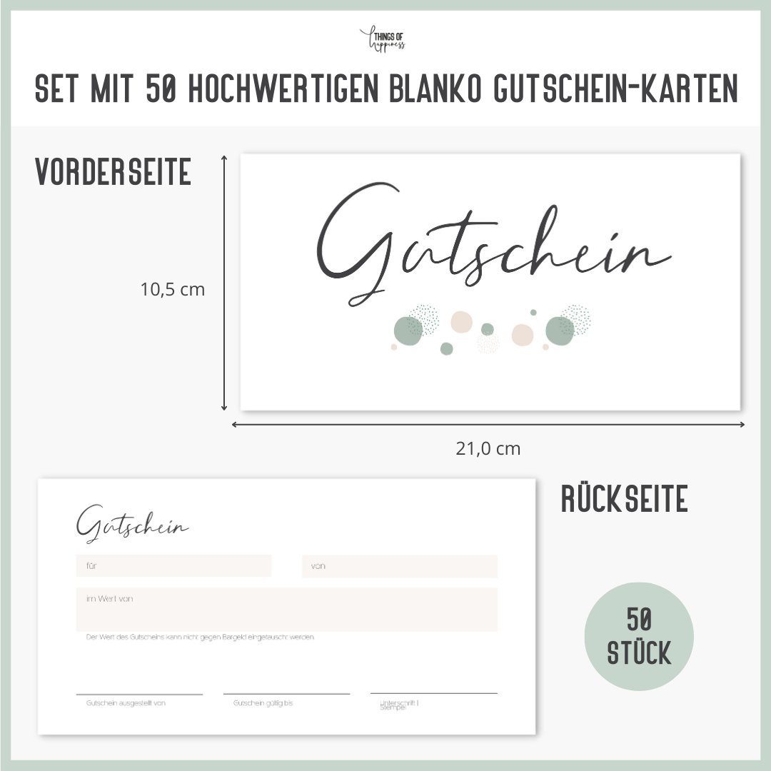 Things of Happiness Geschäftspapier 50 Blanko Gutscheine zum Ausfüllen, Gutscheinkarten, Geschenkgutschein für Nagelstudio, Friseur, Massage, Kosmetik