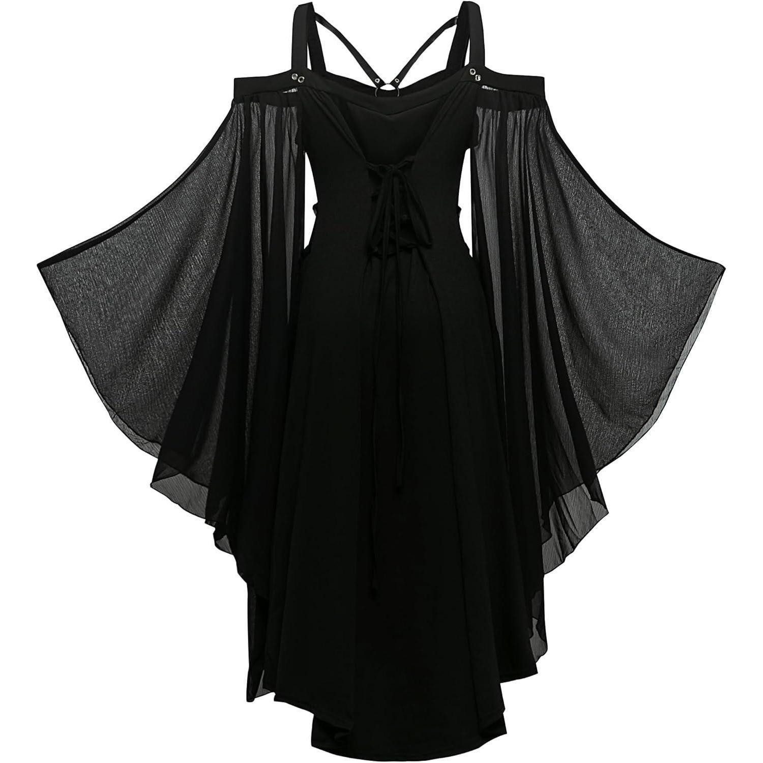 LuxusKollektion Hexen-Kostüm Kleid Gothic Damen Schwarz Mittelalterlich Trompetenärmel 5XL Schwarze