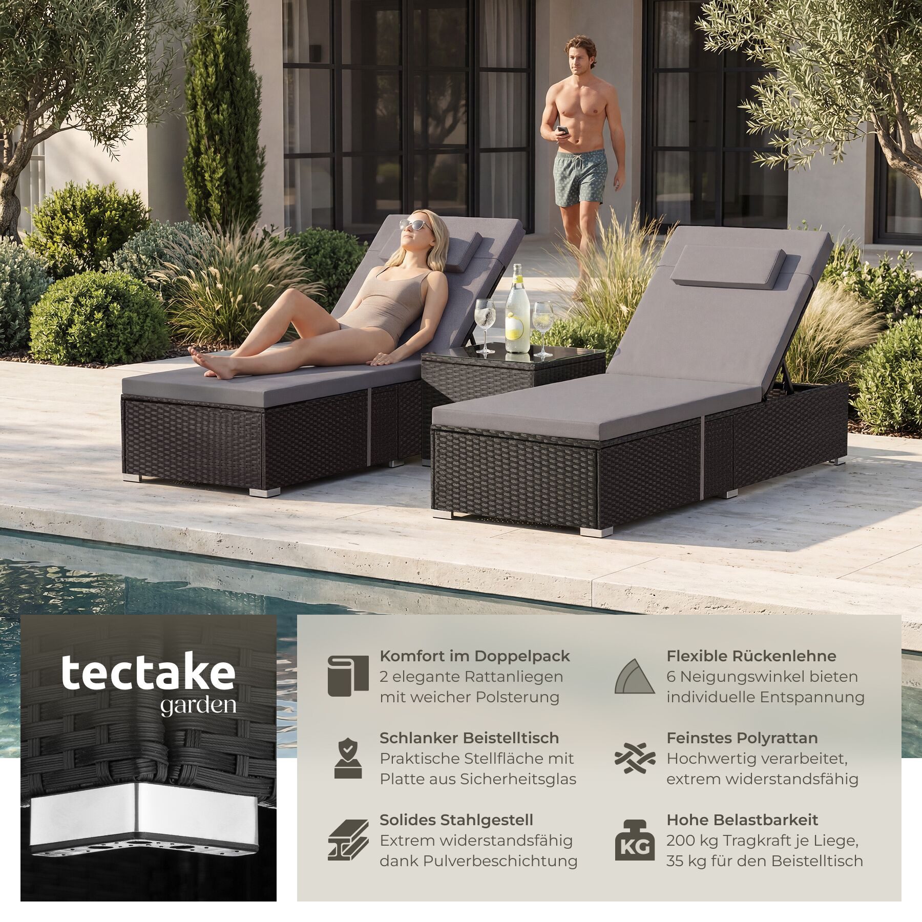 tectake Gartenliege Rattan-Doppelliege mit Tisch, mit abnehmbaren Kopfpolstern, Sonnenliege Carbonera, 1 St., in schwarz, wetterfest und UV-beständig, Belastbarkeit je 200 kg, verstellbar