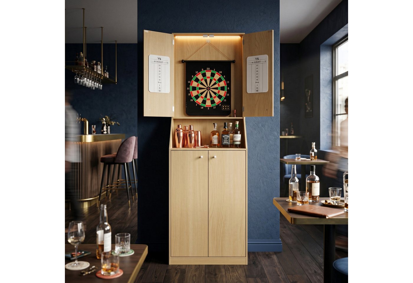 FUFU&GAGA Dartscheibe Dartboard freistehend 190cm, Dartschrank LED Punktetafel, Holz-Optik