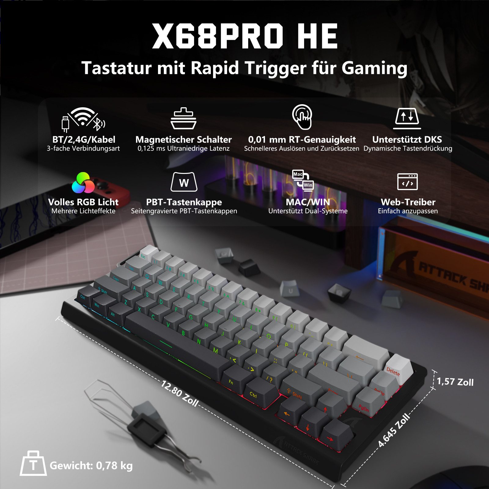 ATTACK SHARK X68PRO HE 8KHz Rapid Trigger Wireless Gaming-Tastatur,0,01mm RT Gaming-Tastatur (Hall-Effekt-Magnetschalter,BT/2.4G/Kabel,RGB)