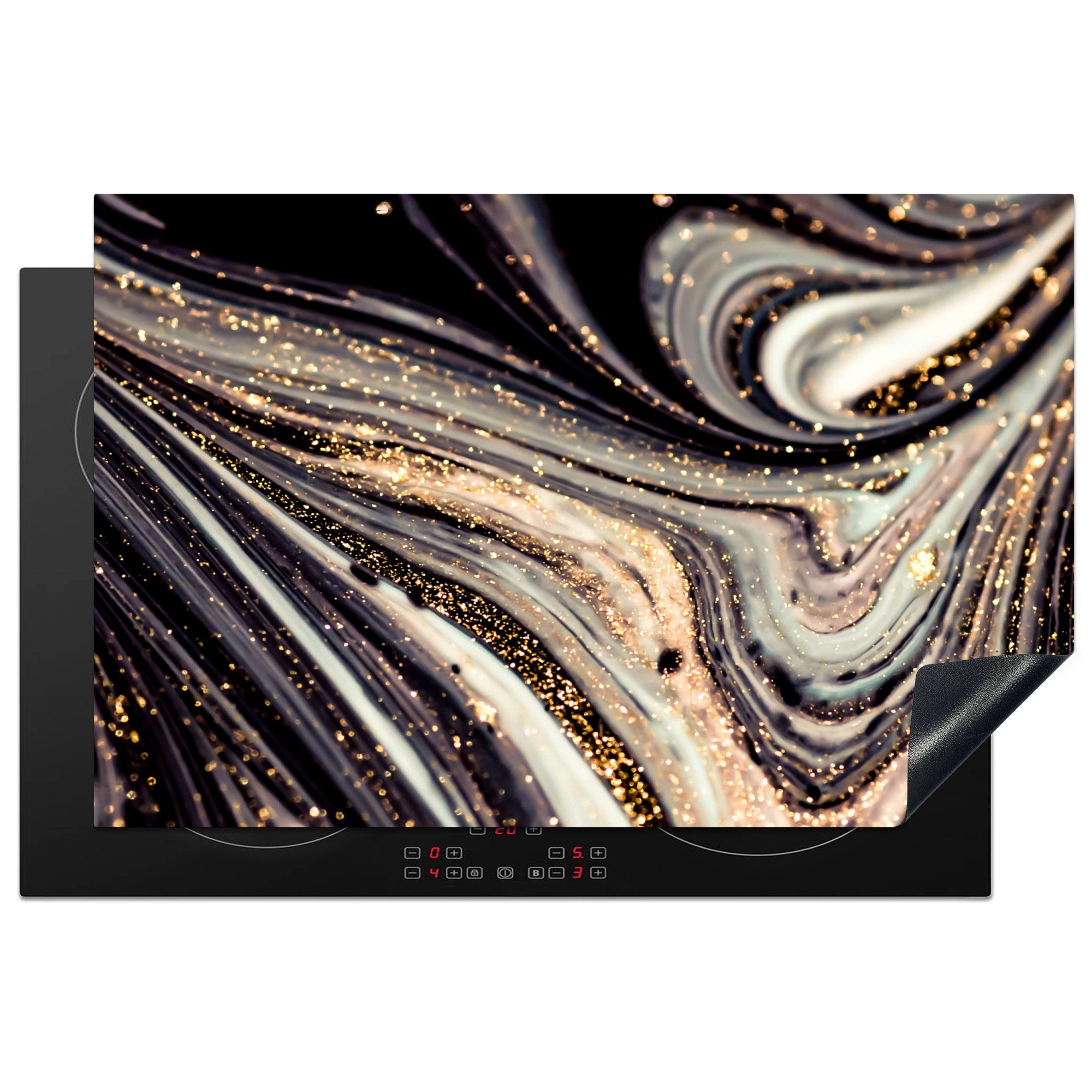 MuchoWow Herdblende-/Abdeckplatte Marmoroptik - Schwarz - Gold - Weiß - Glitter - Marmor, Vinyl, (1 tlg), 81x52 cm, Induktionskochfeld Schutz für die küche, Ceranfeldabdeckung