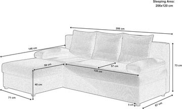 MOEBLO Ecksofa ARON, Couch L-Form Polstergarnitur Wohnlandschaft Polstersofa mit Ottomane Beidseitig Montierbar, (BxHxT): 206x90x146 cm, mit Schlaffunktion und Bettkasten