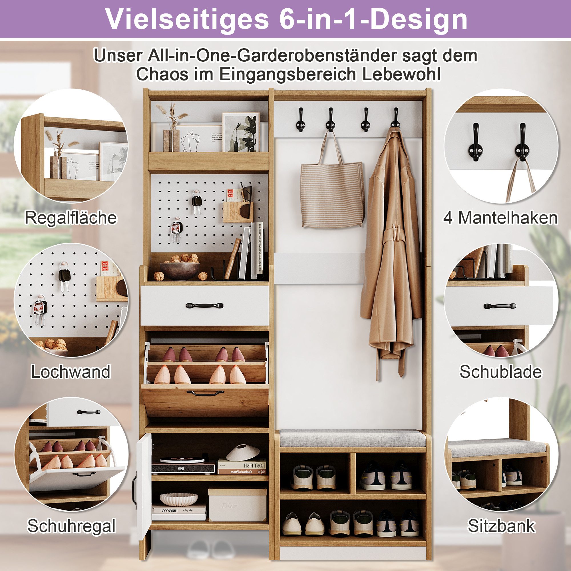 Merax Garderoben-Set in Naturholzoptik, Kompaktgarderobe mit Pegboard, (1-St., B108.5 × T35 × H180 cm), Flurgarderoben mit Schuhbank, 4 Kleiderhaken, Schublade  – Bild 4 von 5