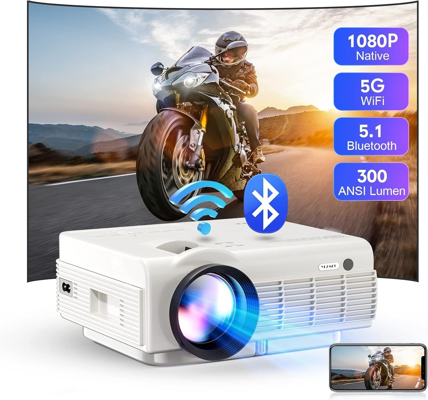 YEZMEK Native Full HD Unterstützt WiFi LED TV-Stick 1080 5G px, 10.000:1, mit (300 4K Bluetooth USB Heimkino Mini TF) lm, x 1920 Beamer Beamer Kompatibel