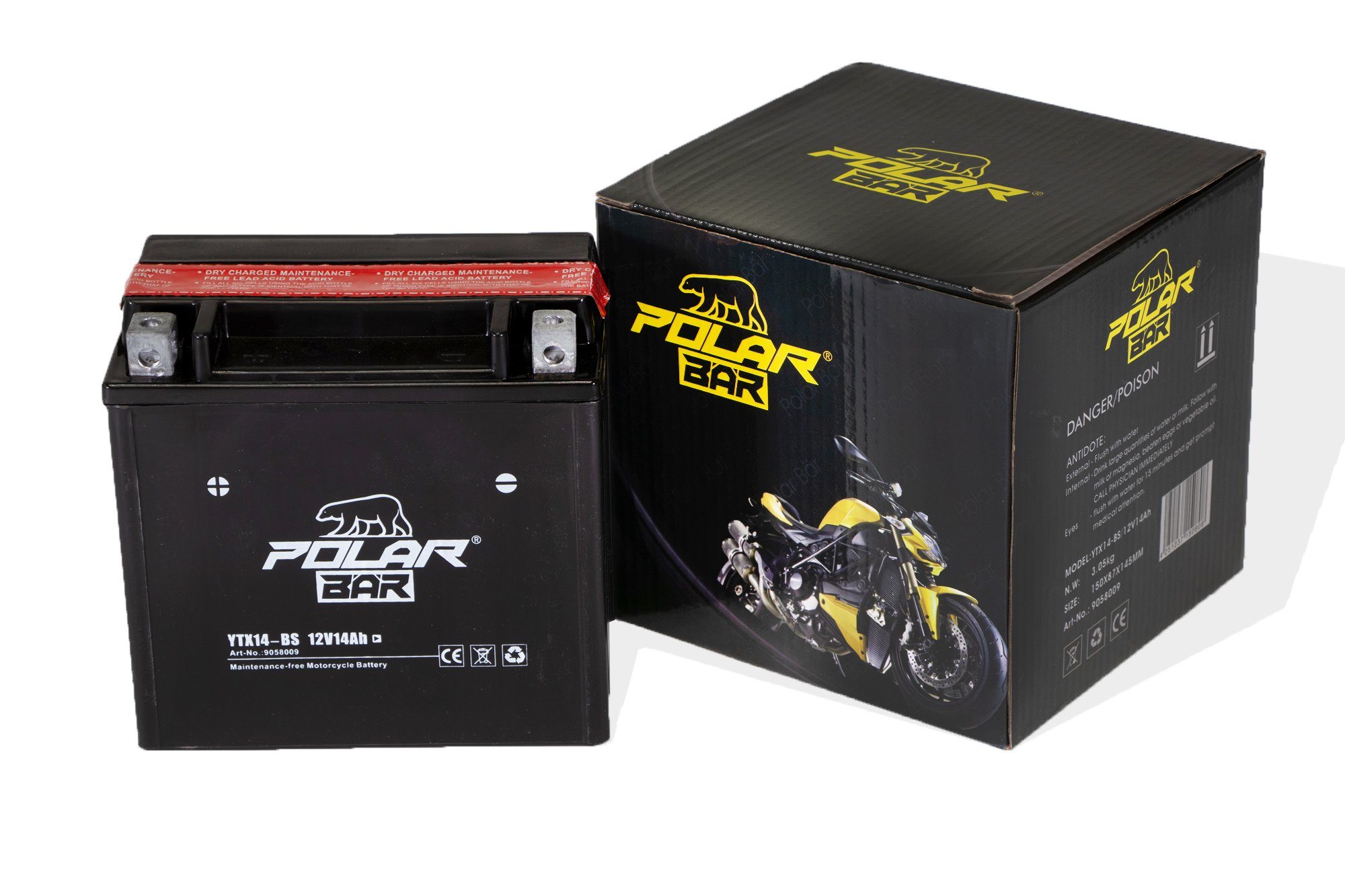 Batterie 14Ah Motorradbatterie 12V YTX14-BS Polar Motorrad Bär Roller Batterie Säurepack